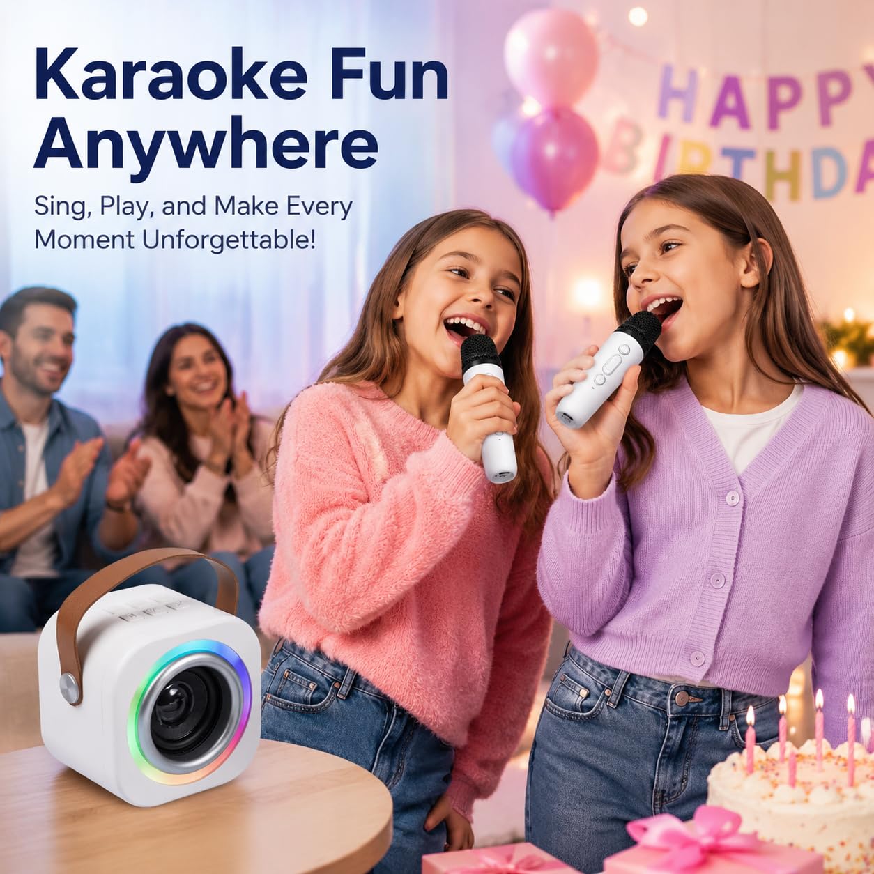 Mini máquina de karaoke para niños con 2 micrófonos inalámbricos, efectos divertidos de cambiador de voz, altavoz Bluetooth portátil con luces LED, soporte AUX/USB/TF, regalos de cumpleaños para niñas