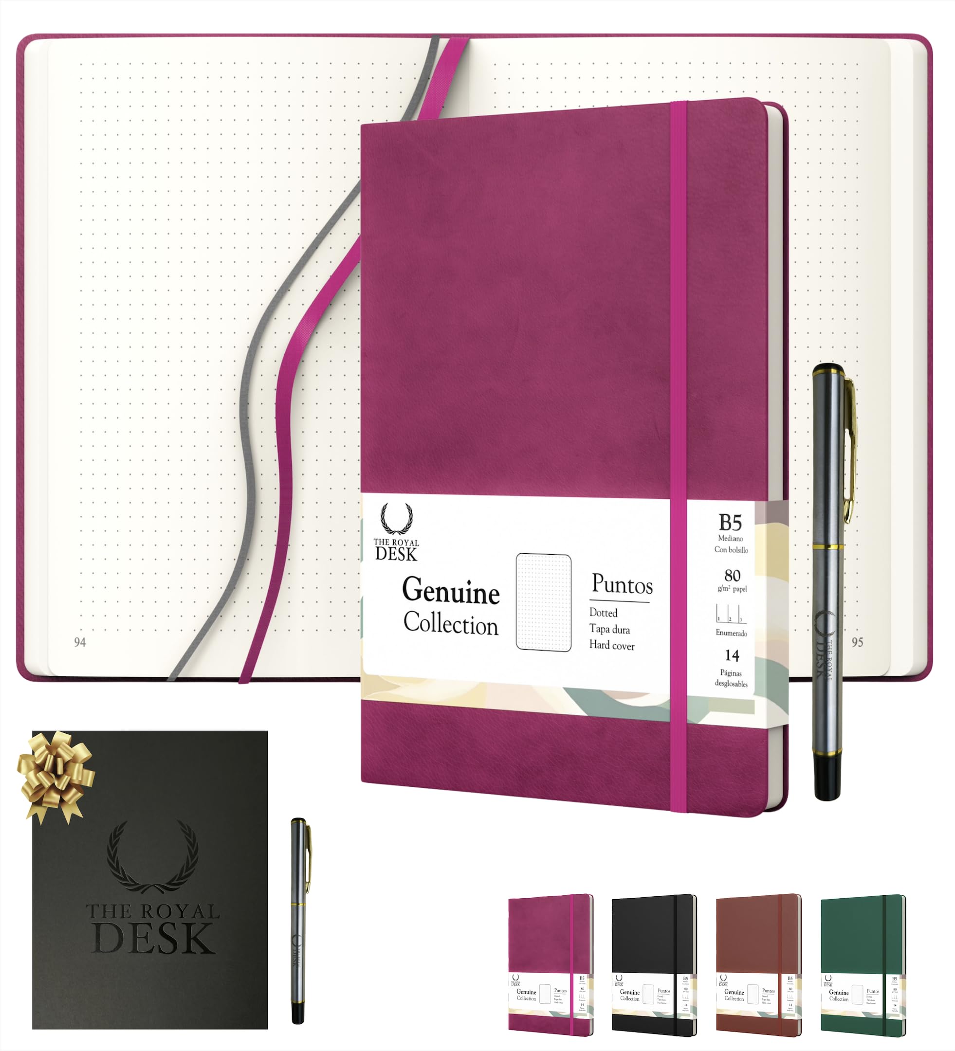 Libreta de puntos B5 de tapa dura y cuero vegano. Cuaderno punteado 250 páginas numeradas de folios crema, tamaño ideal 25,5x18cm. Bullet journal para Escritores,Negocios, Diaristas (Cherry)