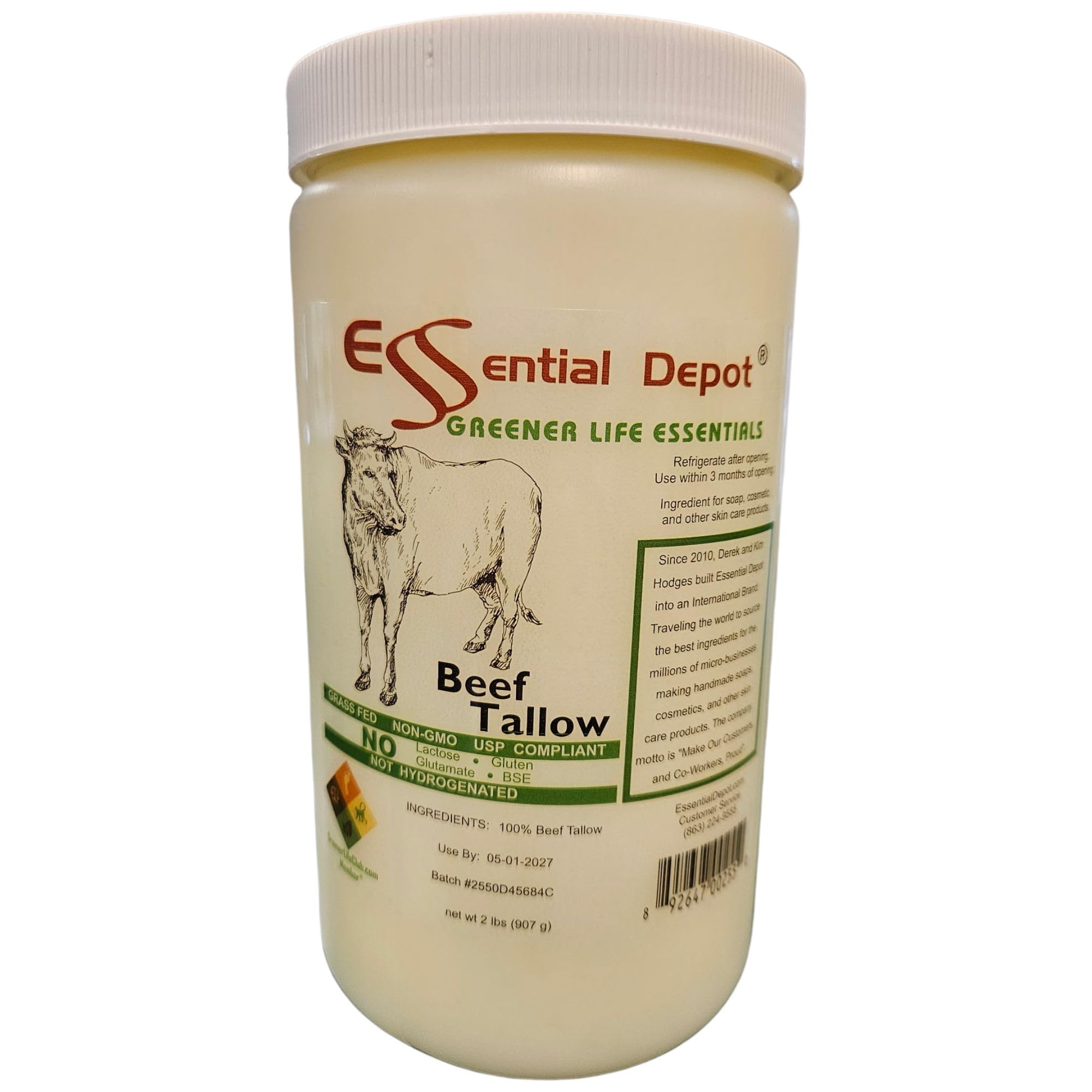 Essential Depot Beef Tallow - 1 Quart (32 oz nt wt) - Grass Fed - Non-GMO - Keto Friendly - Food Grade - FREE from LACTOSE-GLUTEN-GLUTAMATE-BSE - Safety Sealed HDPE Container with Resealable Cap