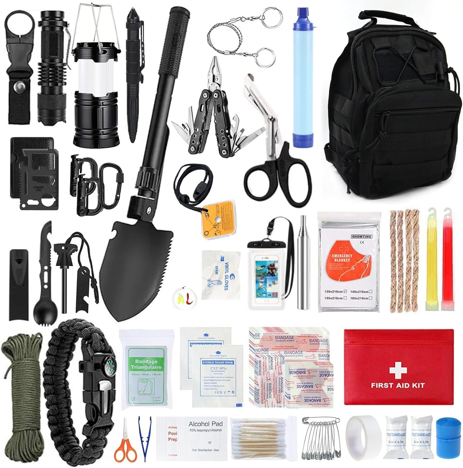 Kit de survie avec kit de premiers secours, 180 pièces, équipement de survie avec filtre à eau, paille, lampe de camping, pince multifonction, couteau pour homme, pince pliante, aventures de voyage
