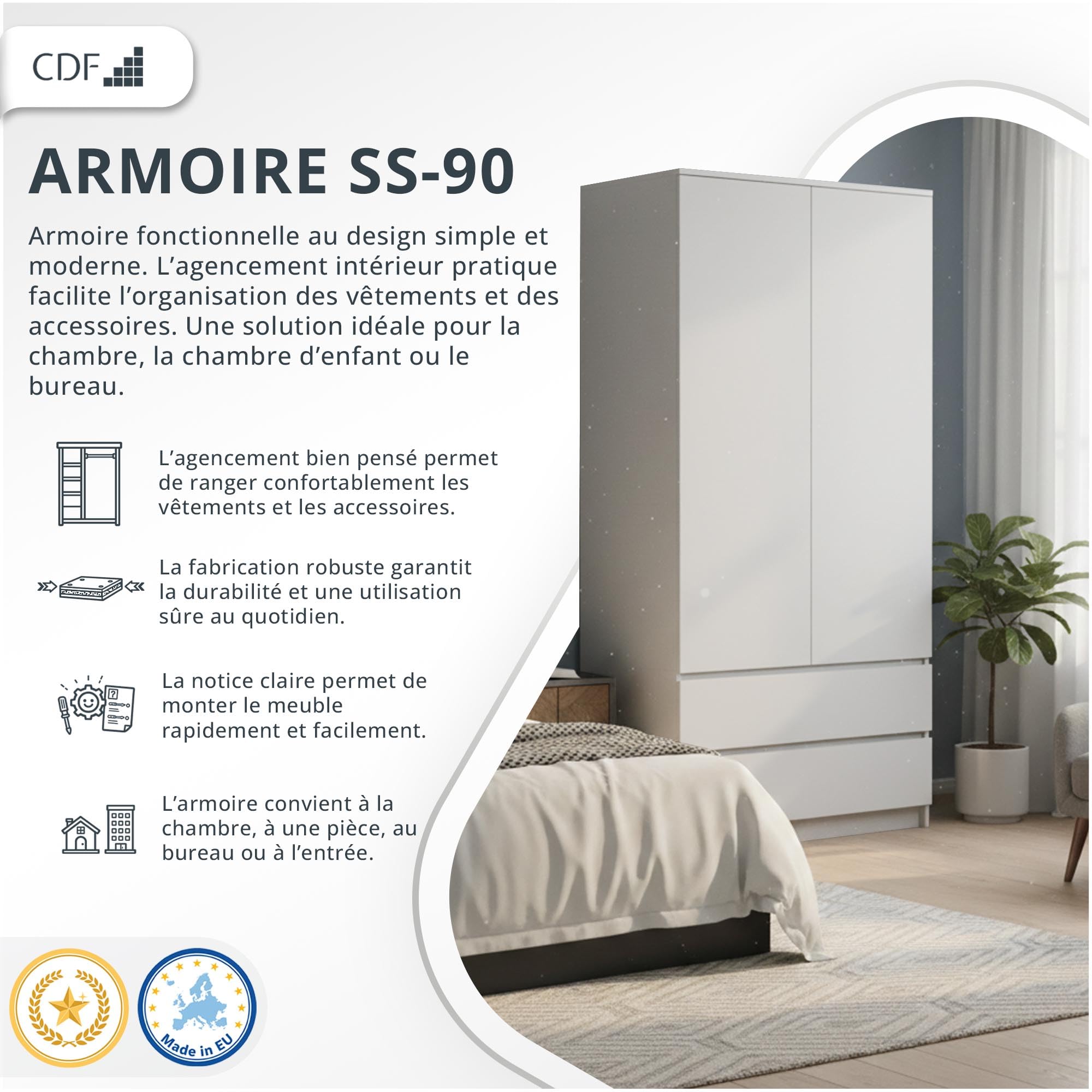 CDF Armoire Chambre 2 Portes 2 Tiroirs avec Etagères, Adult Bedroom Armoire Une Tringle Dressing Placard Multifonction Meuble de Penderie Panneau Stratifié 16mm Largeur 90 cm Blanc