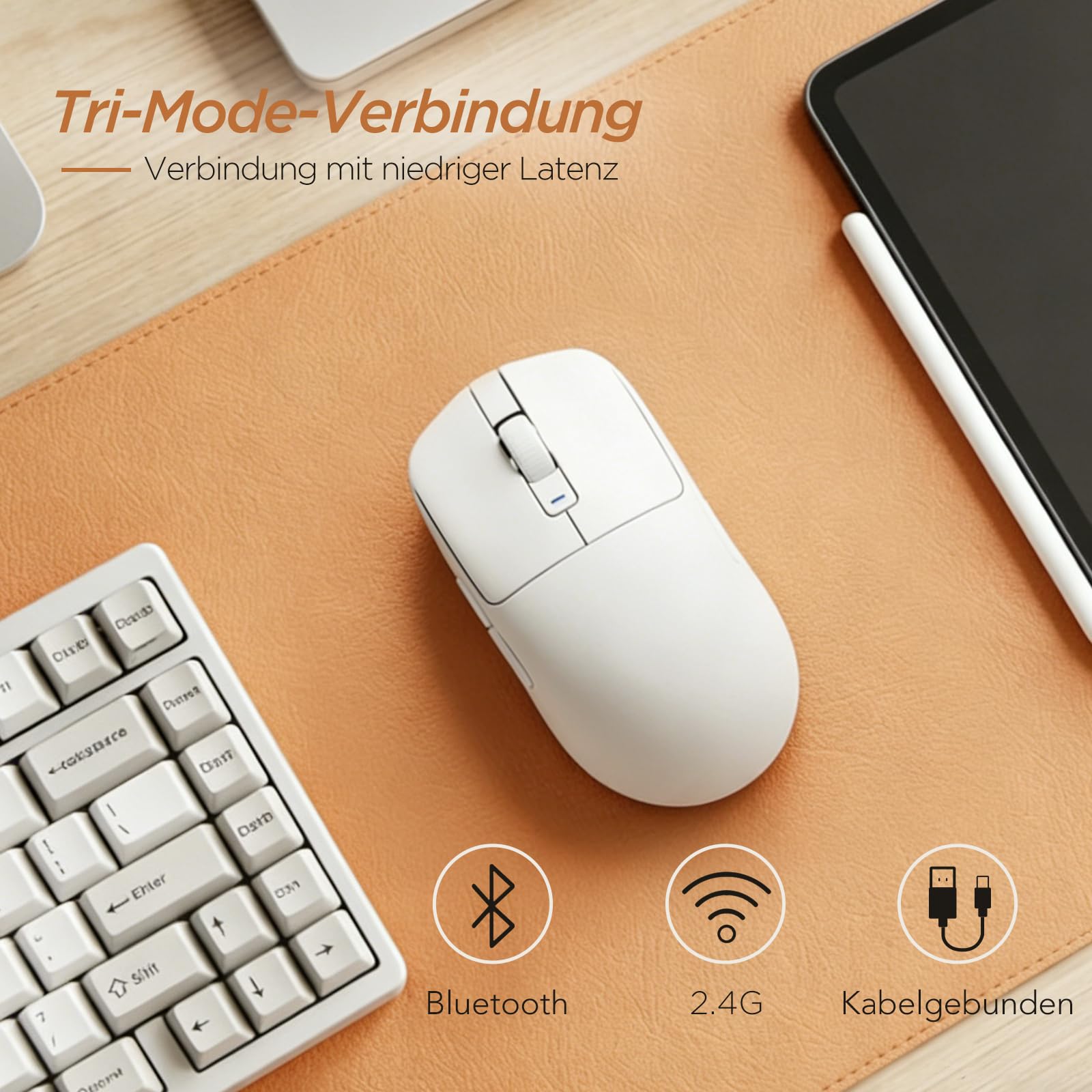 RK ROYAL KLUDGE MO3 Gaming Maus Kabellose PAW3809 6K DPI 48g leichte Computer Maus Bluetooth/2.4G/Kabel wiederaufladbare Wireless Mouse mit 5 programmierbaren Tasten, leisen Klicks für Laptop/PC, Weiß
