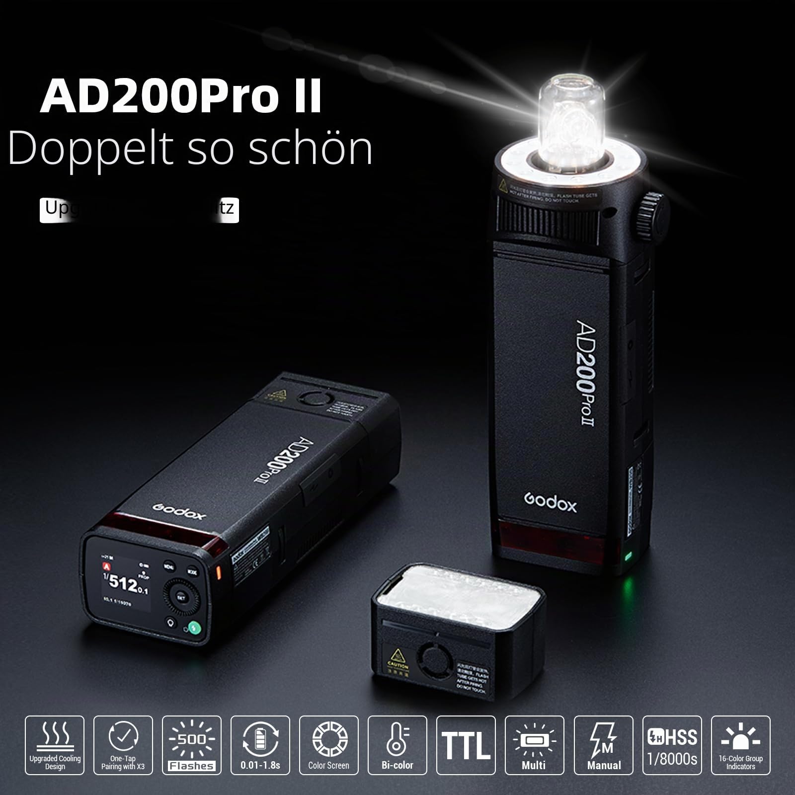 GODOX AD200 Pro II AD200Pro II Blitzgerät, TTL 200W Taschenblitz HSS 1/8000s, One-Tap Wireless Sync, Enhanced Color Screen, Fotografie Beleuchtung (AD200ProII)
