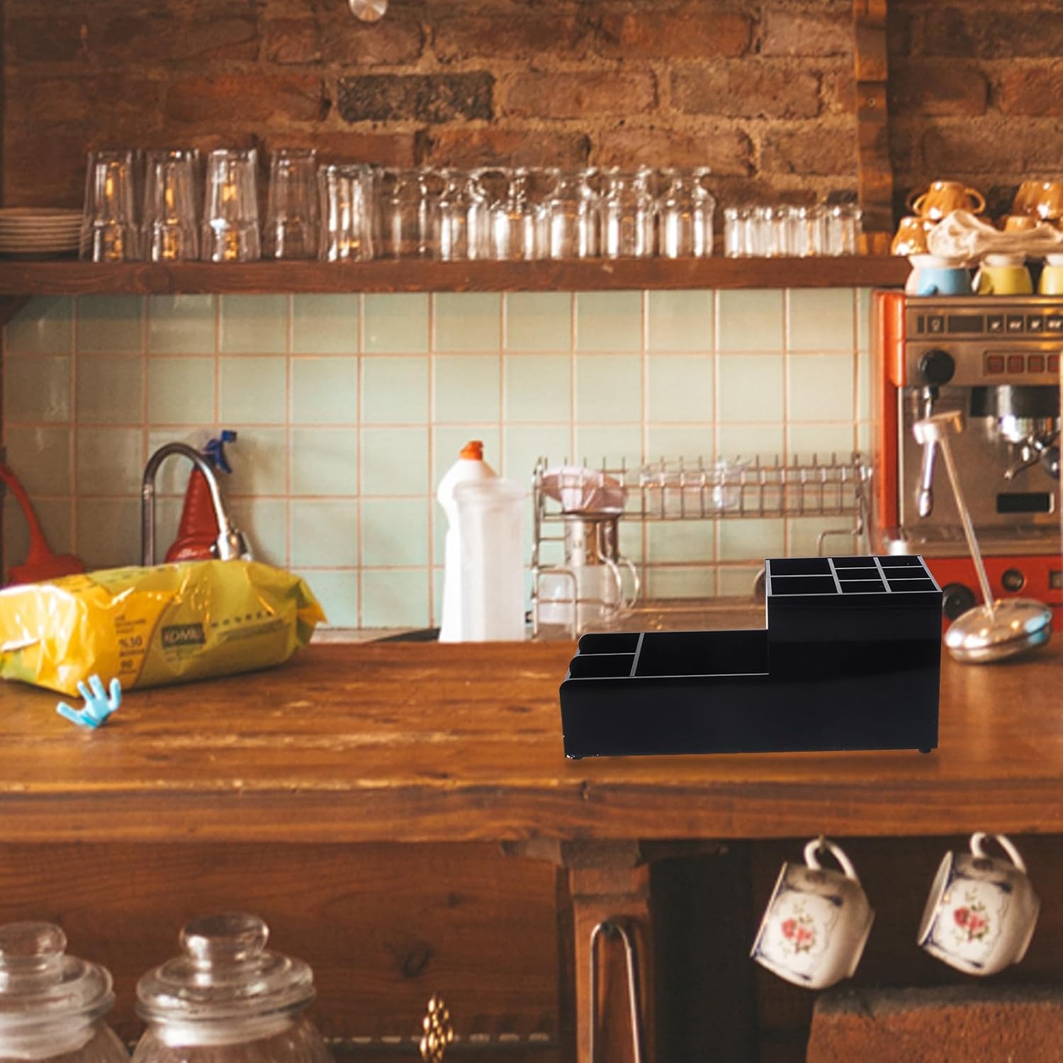 Bar Tool Organizer Rack with 11 Compartments, Black Matte Finish, Cocktail Shaker Spoon Holder and Ice Pick Storage for Home Bar and Restaurant Countertop