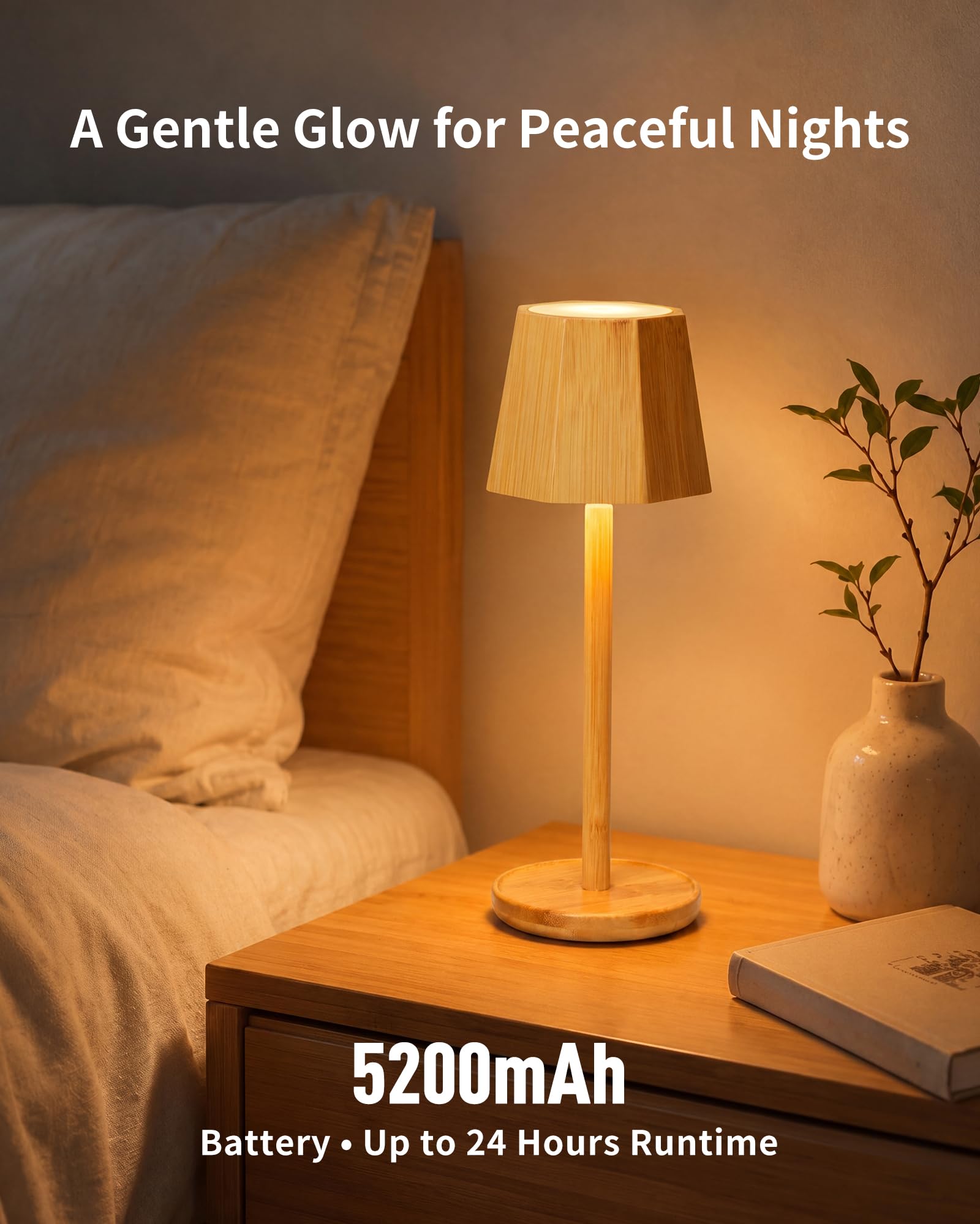 Lámpara LED de Mesa Inalámbrica–Recargable,Touch Dimmerable,Estilo Escandinavo Bohémien en Bambú,Impermeable,Luz Ambiental Portátil para Mesita de Noche,Dormitorio,Sala,Patio-BAMO TL12