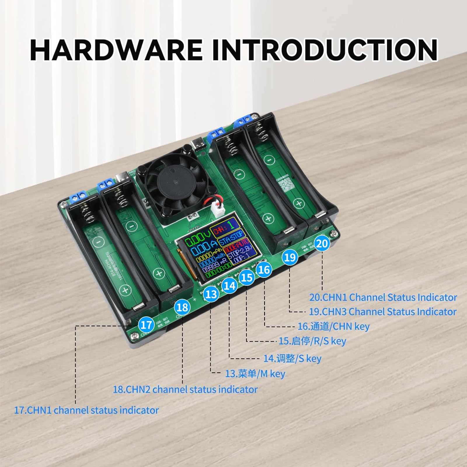 Batteriekapazitätstester DC5V Batterie-Innenwiderstandstester Modul Kapazität Spannung Strom Leistung mit Typ-C LCD-Display für Lithiumbatterie 4 Kanäle