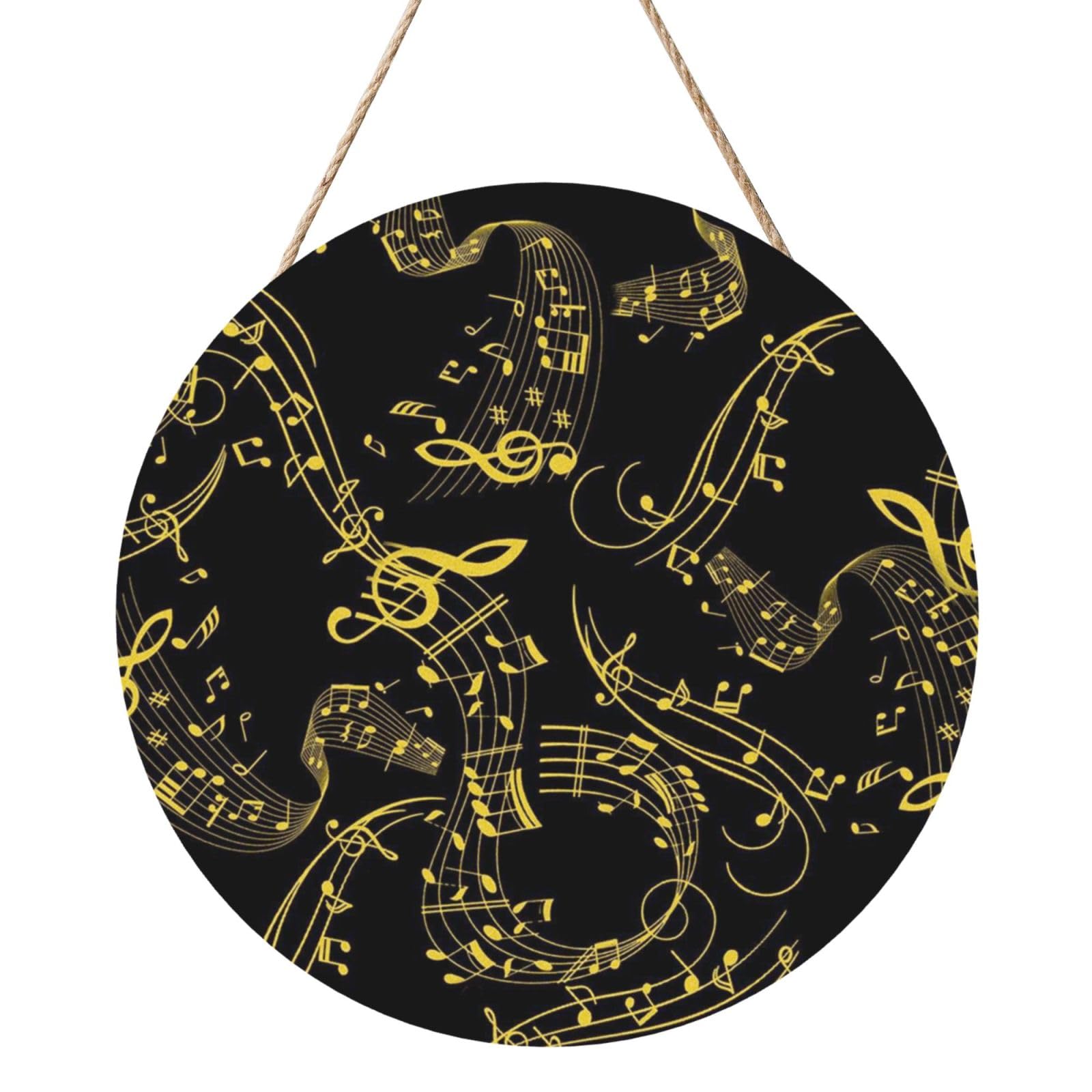 InOmak Black Music Notes, Round Wood Panel Painting 12 in, Wall Hanging Painting For Home