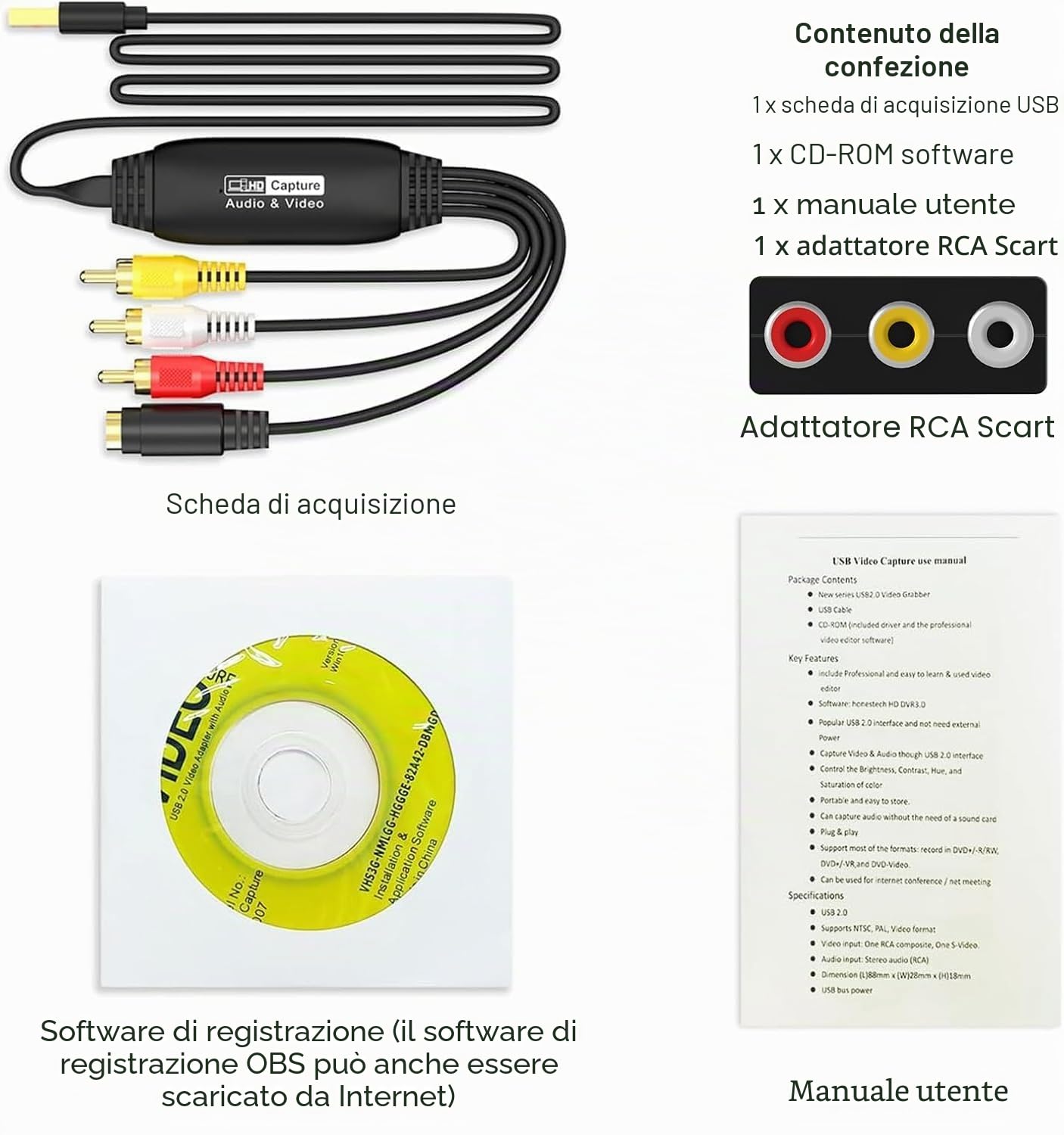 AMANKA Convertitore Vhs in Digitale, Audio Video Digitalizzare, Grabber di Trasferimento Audio Video RCA AV su USB per PC, Fotocamera DV, DSLR, DVD, Compatibile con Windows e Mac OS.