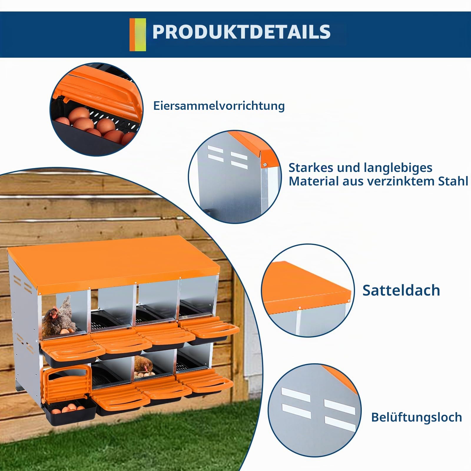 Legenester für Hühner, acht Fächer, Orange