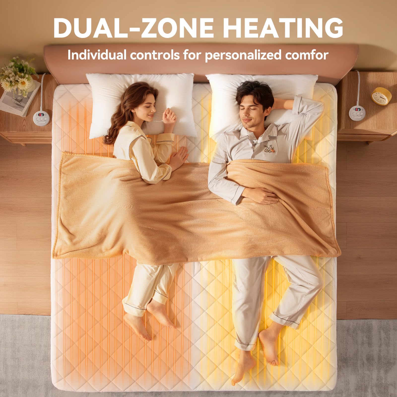 Wärmeunterbett 160x200 cm, Heizunterbett mit Unabhängige Temperaturregelung, Schnelle Aufheizung, 6 Heizstufen, 1-10h Timer, Überhitzungsschutz, Wärmedecke ist mit Tiefe Tasche und Maschinenwäsche