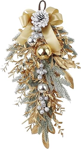 Miniatura 8 de Coronas de Navidad para puerta delantera, corona de Navidad dorada de 17.7 pulgadas con bolas doradas de piña, ramas y bayas para chimenea, ventana,