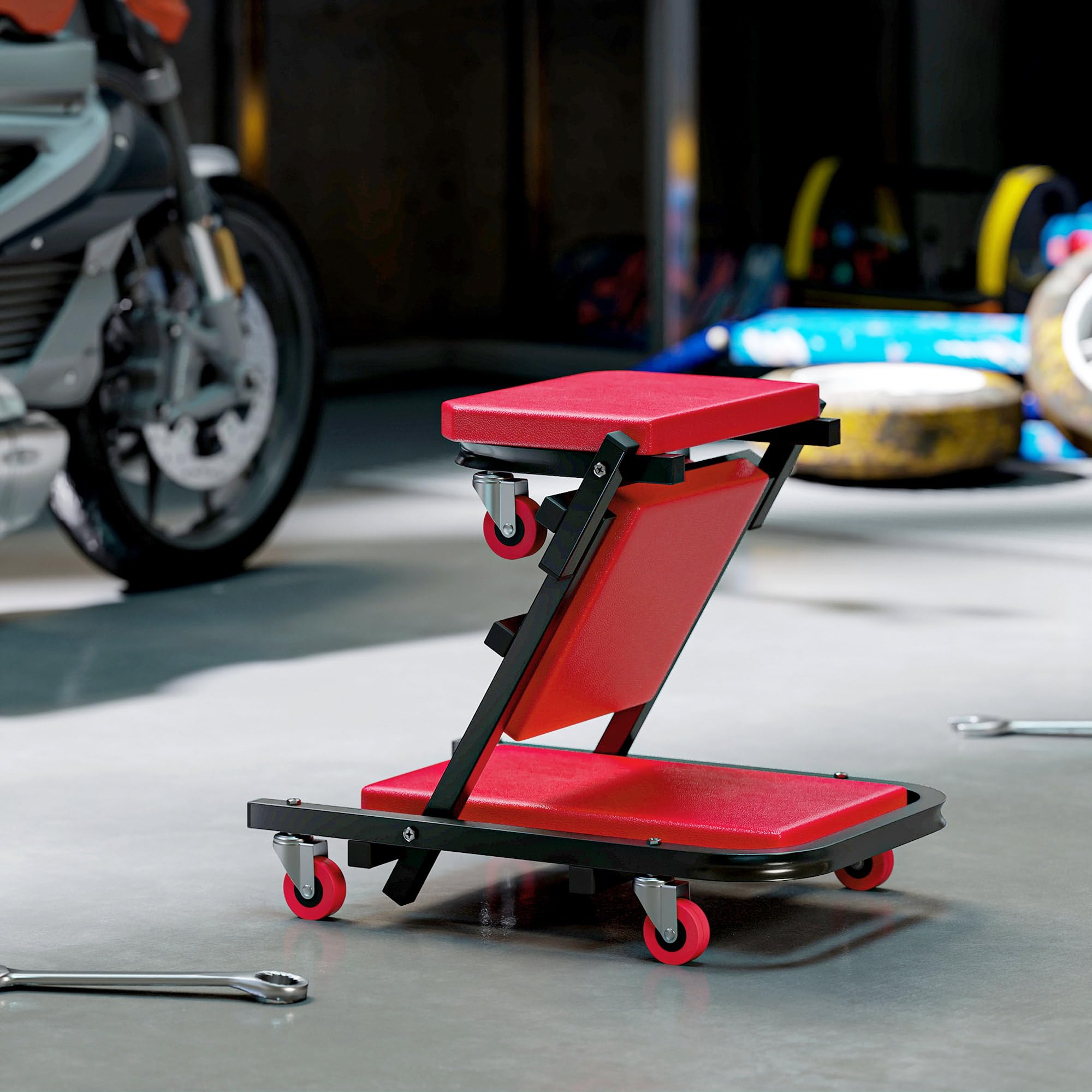 HOMCOM Planche à roulettes de Montage 2 en 1 Pliable en Z 150 kg 6 Roues | Chariot de Visite Mécanicien, Rotation à 360°, Tabouret d'Atelier, Assise Couchée, Rogue, Plateau Mecanicien Roulant