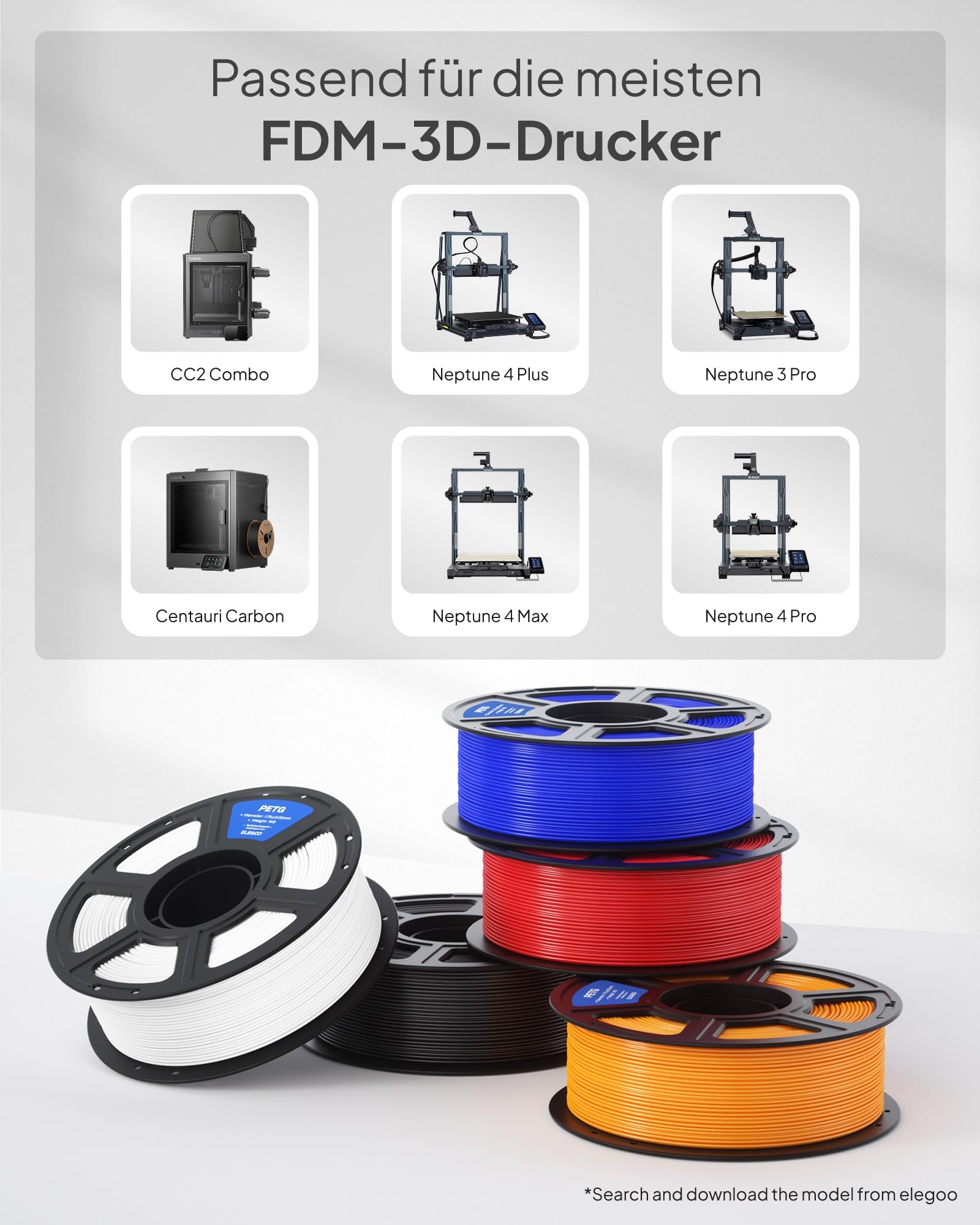 ELEGOO PETG Filament 1,75 mm Schwarz Weiß Rot Blau 4 KG, 3D-Drucker-Filament, Maßgenauigkeit +/- 0,02 mm