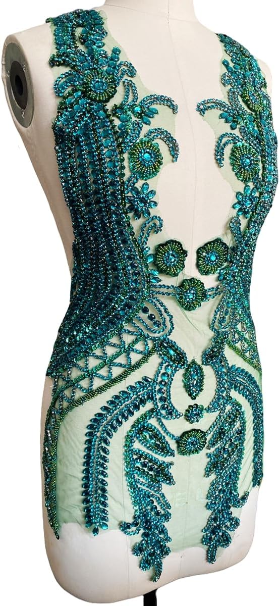 Pure Handmade Rhinestone lace Large Bodice Applique Sewing Beads Stones Trim Patches for Dress Accessories 1PCS/Bag 17.7X31.8inches (Deepgreen)