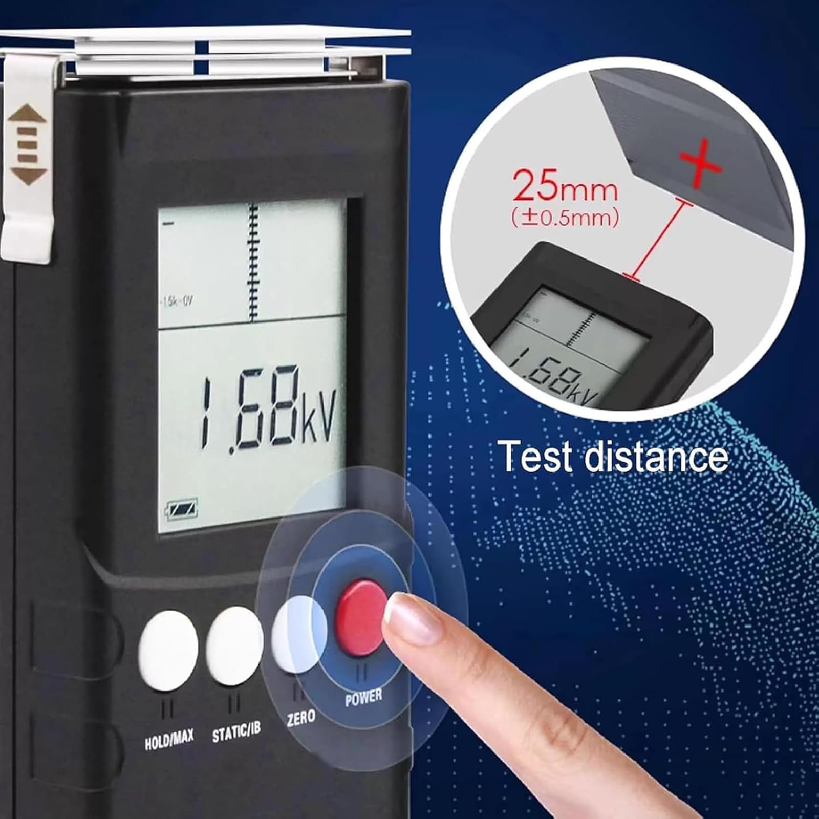 Ręczny tester elektrostatyczny, miernik pola elektrostatycznego 0-22 kV, odległość testowa 25 mm, tester równowagi jonowej z alarmem dźwiękowym, do tekstyliów, włókien, papieru, gumy, tworzywa