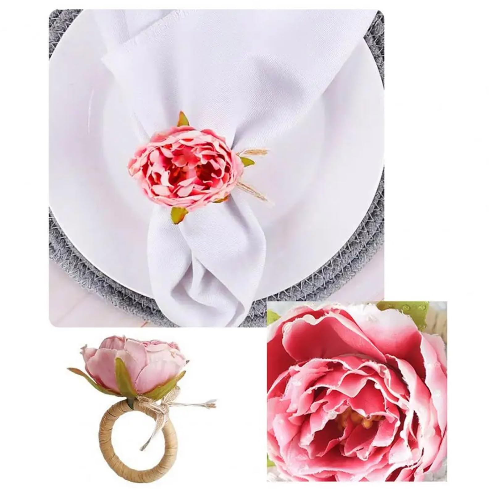 Lot de 24 ronds de serviette faits à la main en forme de rose avec nœud papillon - Décoration de table élégante