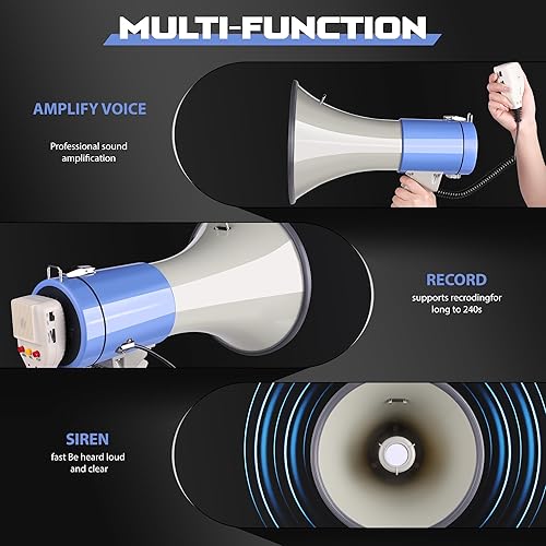 Miniatura 10 de MyMealivos Megáfono con sirena Bullhorn altavoz de 50 vatios con micrófono desmontable, correa ligera portátil y entrada auxiliar de 0.138 in