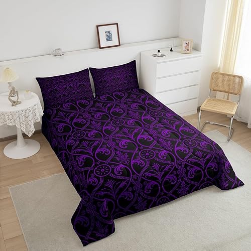 Miniatura 4 de Erosebridal Juego de edredón floral de color morado y negro degradado para niñas y mujeres, tamaño Queen, juego de ropa de cama gótico barroco de