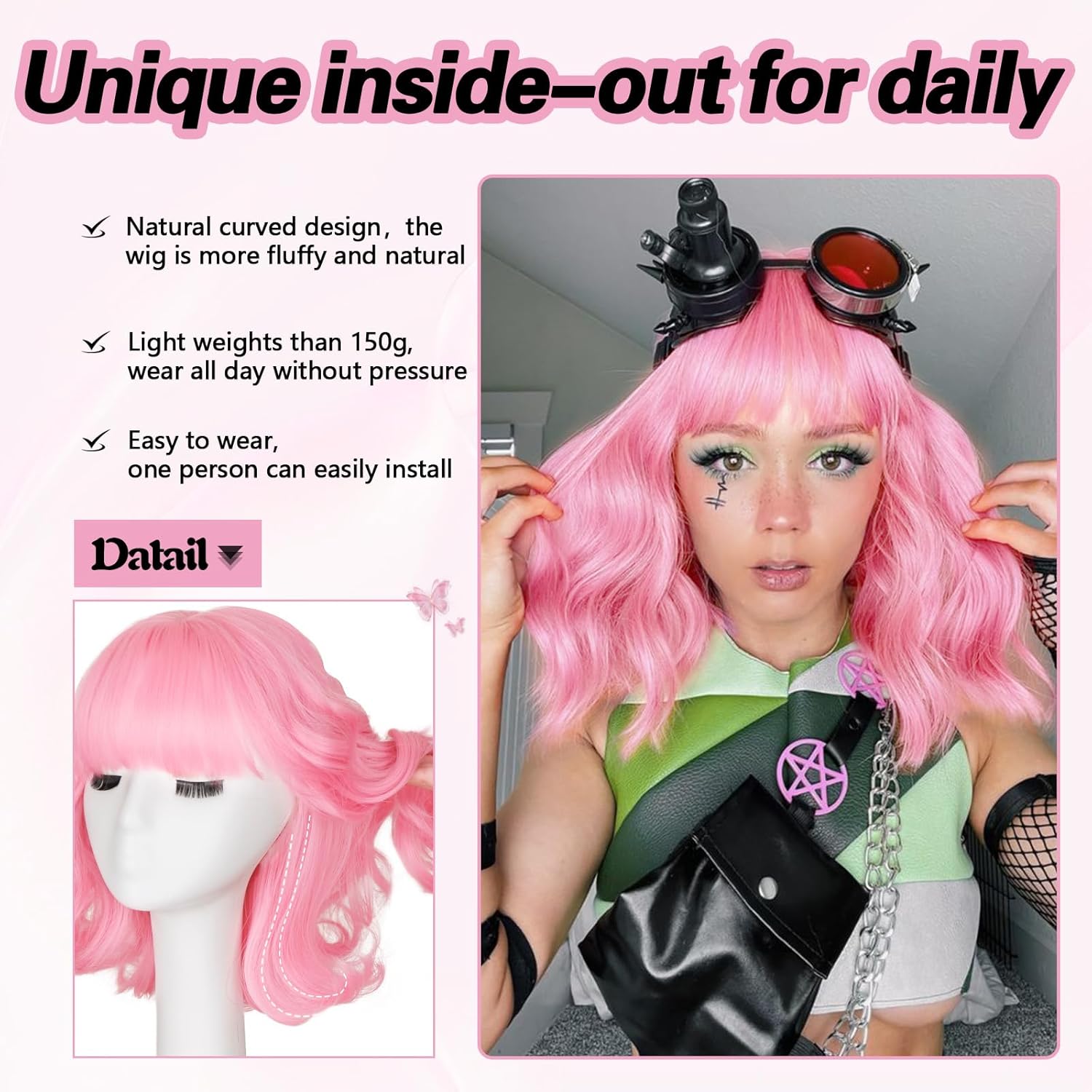 SUKRI Pink Bob Wigs for Women Natural Wavy Wigs with Bangs 12 Inch Short Shoulder Length Synthetic Colored Wig for Cosplay Halloween Daily - Image 6