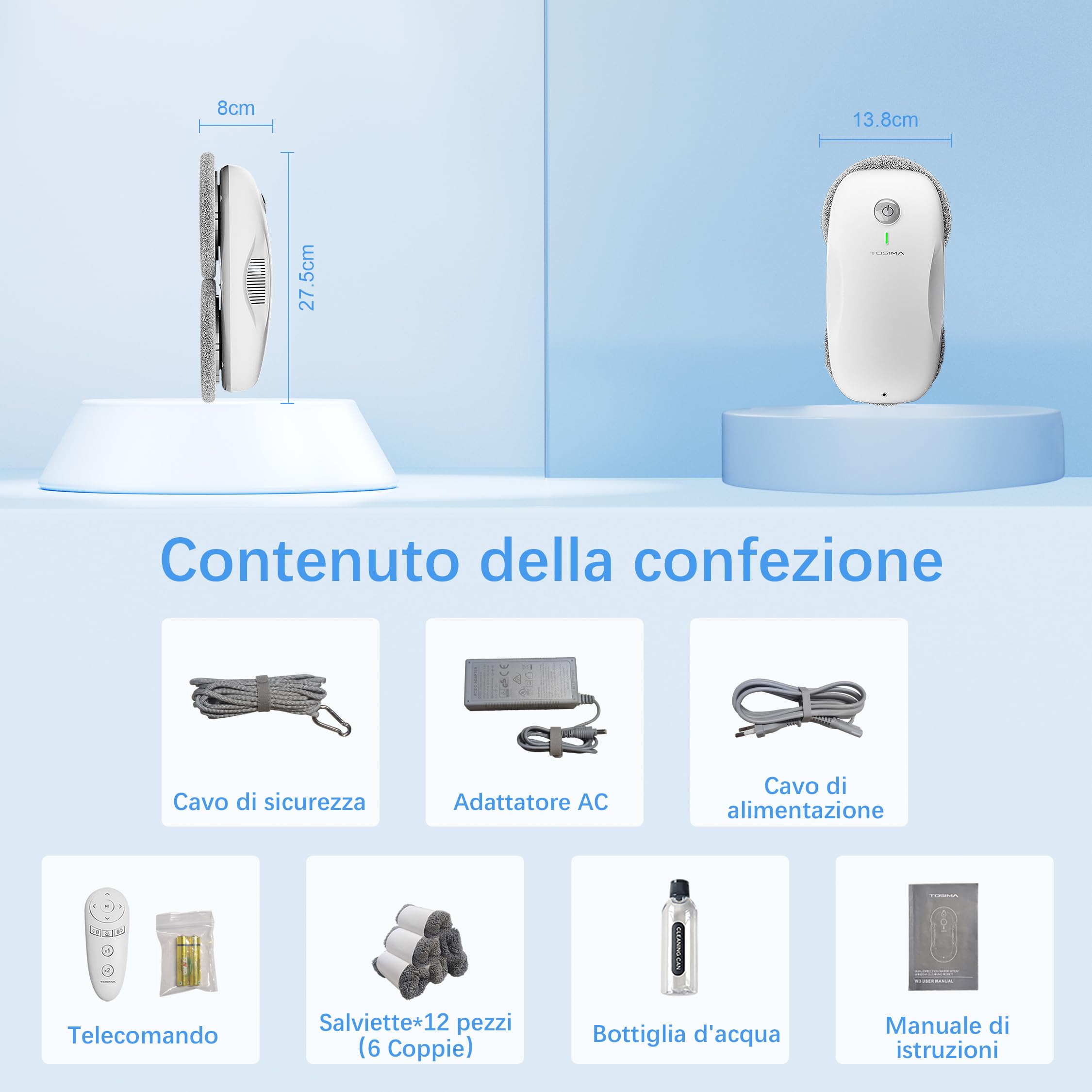 Tosima W2 robot lavavetri,per la pulizia delle finestre con 3800Pa forte aspirazione, triplo sistema di sicurezza,robot per la pulizia delle finestre remoto con 12 pc stracci