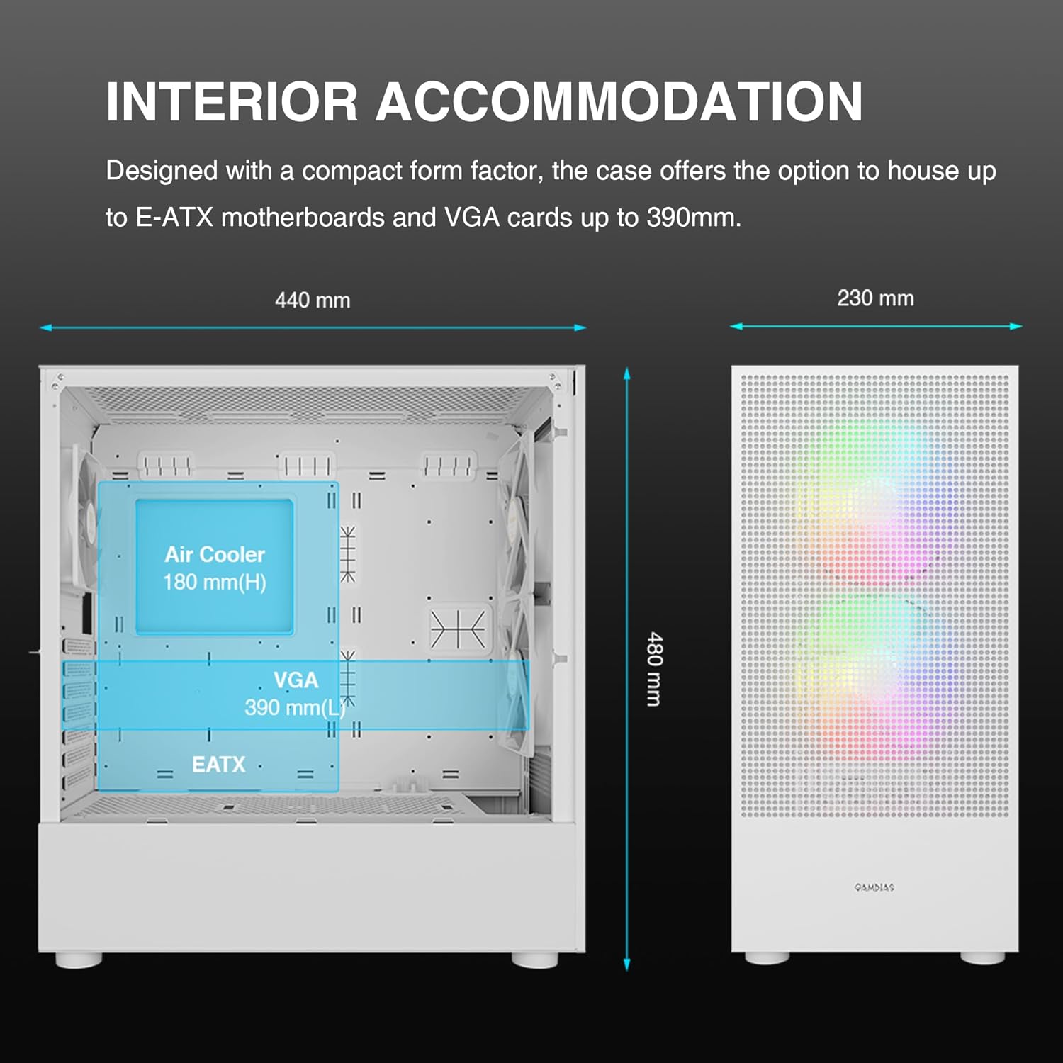 Interior Accommodation for Motherboard, GPU, and CPU Cooler