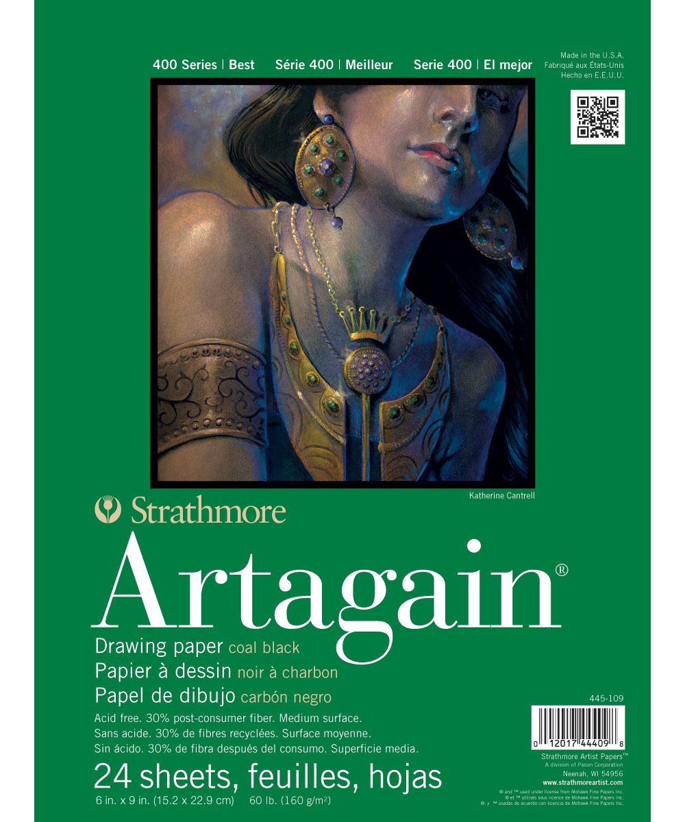 Strathmore 400 Serie Artagain Block, kohleschwarzes Papier, klebegebunden, 15 x 23 cm, 24 Blatt (60 lb/160 g) – Künstlerpapier für Erwachsene und Schüler – Pastell und Kohle