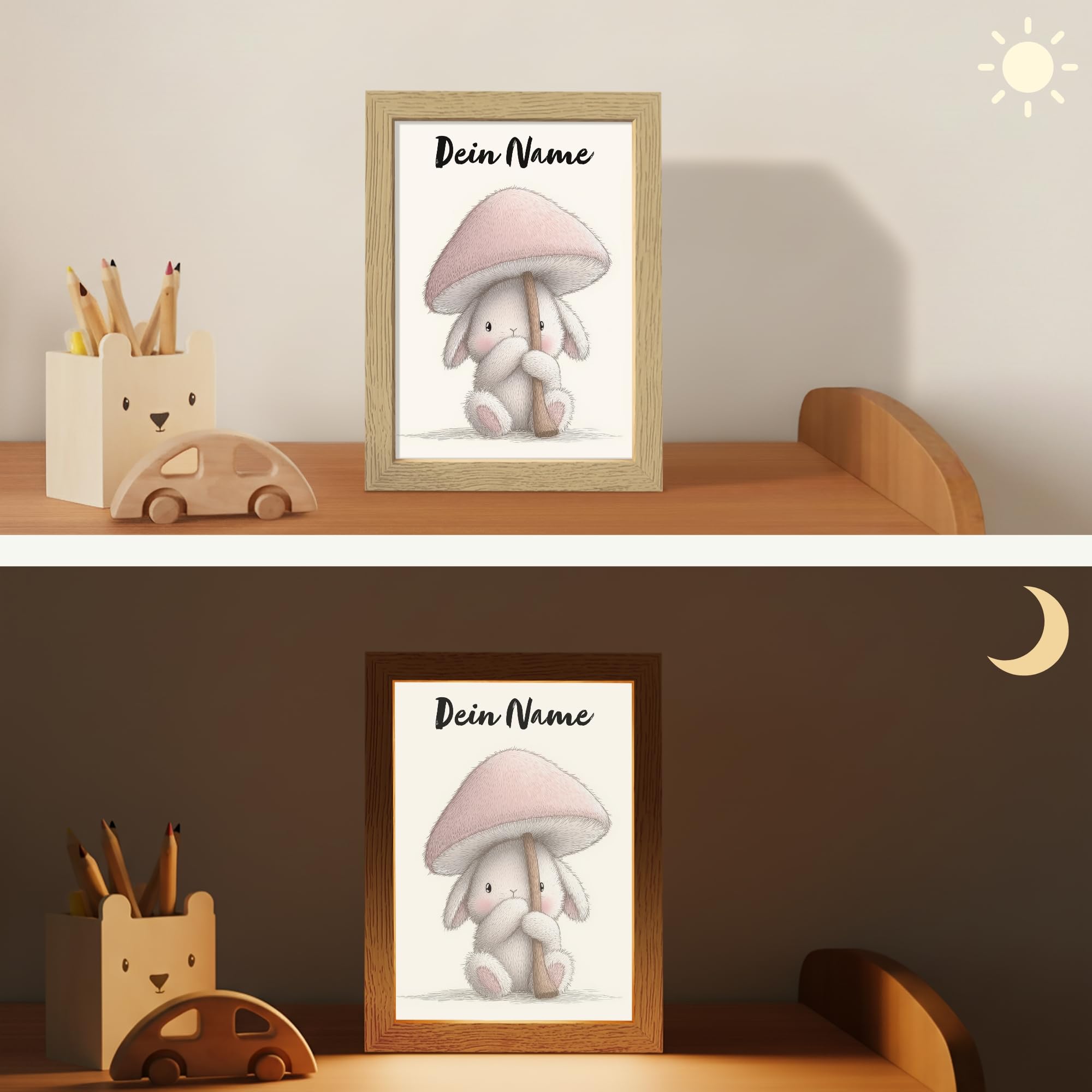 Nachtlicht Kinder Mit Name 15x20 cm Baby Lampe Kinderzimmer Kindernachtlicht Personalisiert Stilllicht Kinderlampe Pilz - Kaninchen - Rosa
