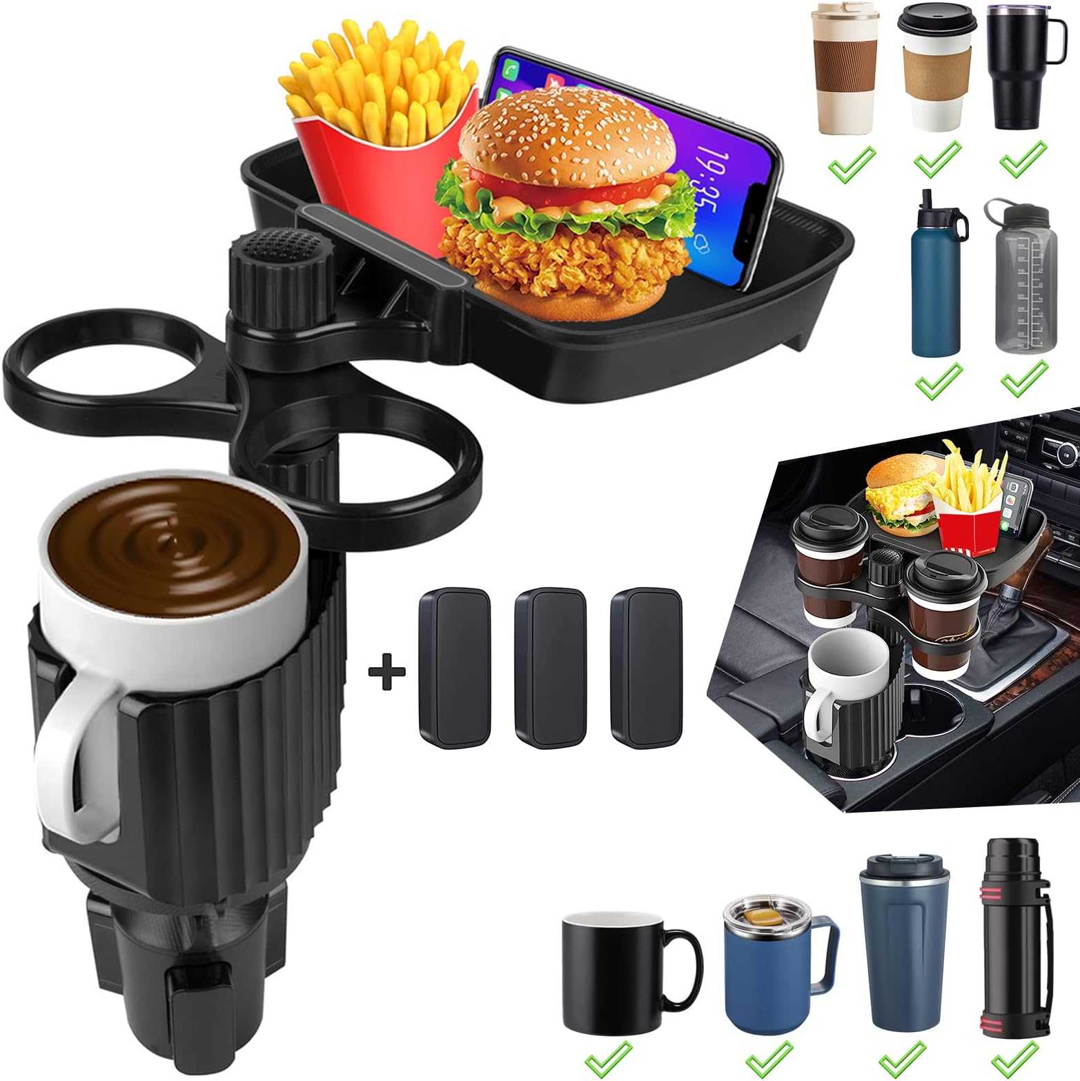 Shansis Car Cup Holder Expander with Tray, Expandable Cup Holder for