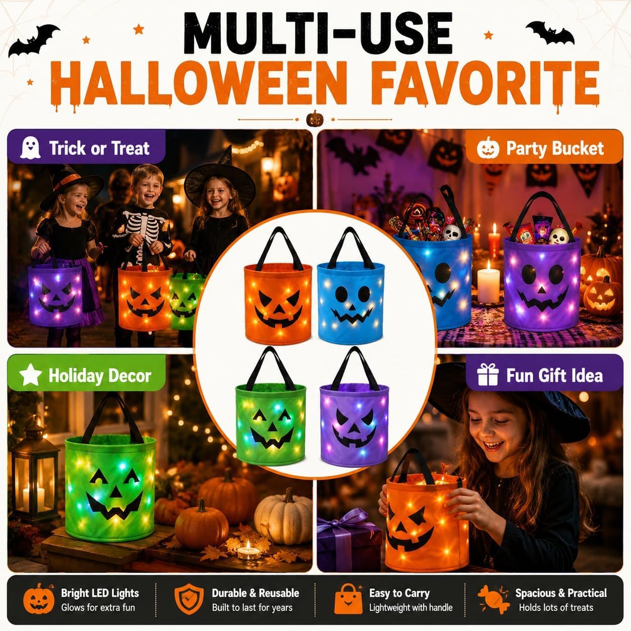 Halloween LED Light-Up Glowing Pumpkin Candy Bucket with Handle, Trick or Treat Bag, Jack-O-Lantern Face Bags - Image 8