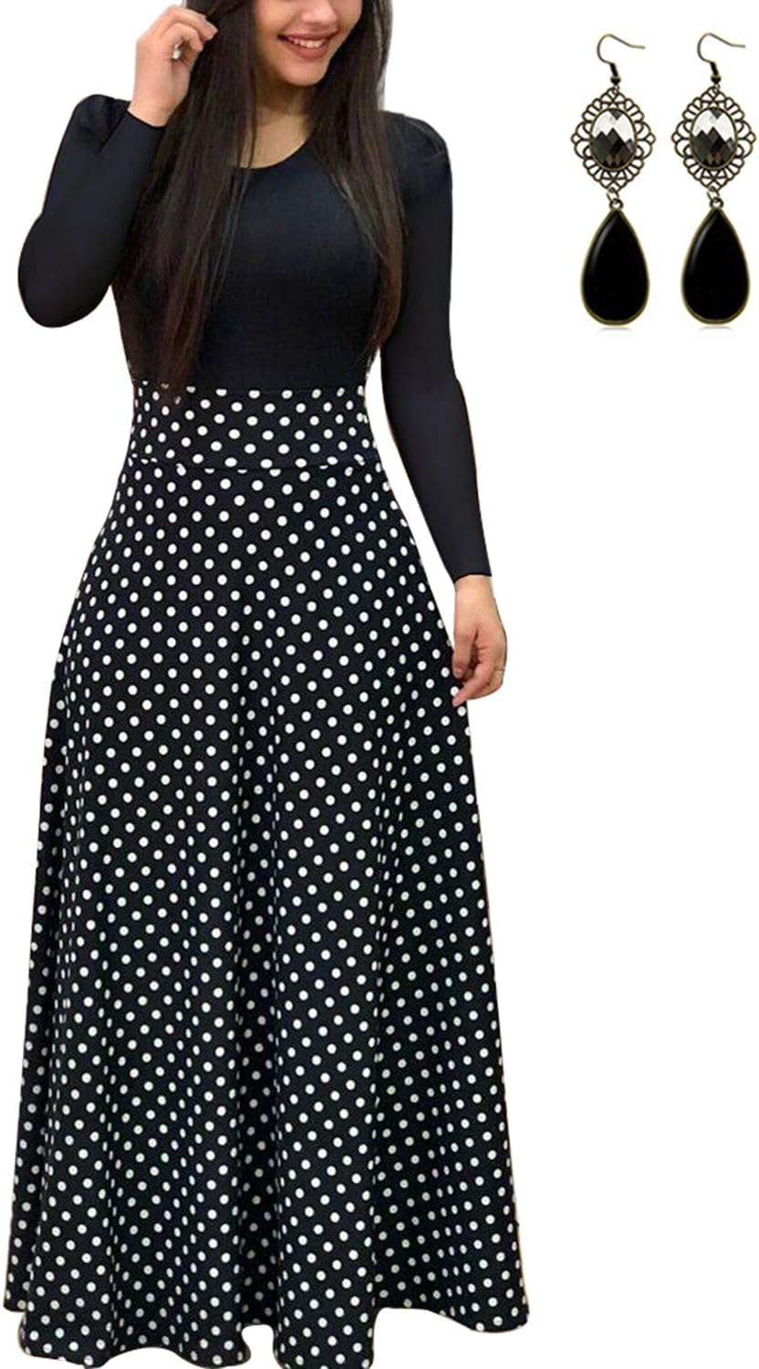 UUAISSO Women Boho Maxi Dress Casual Party Loose Long Sleeve Casual Cotton Dresses