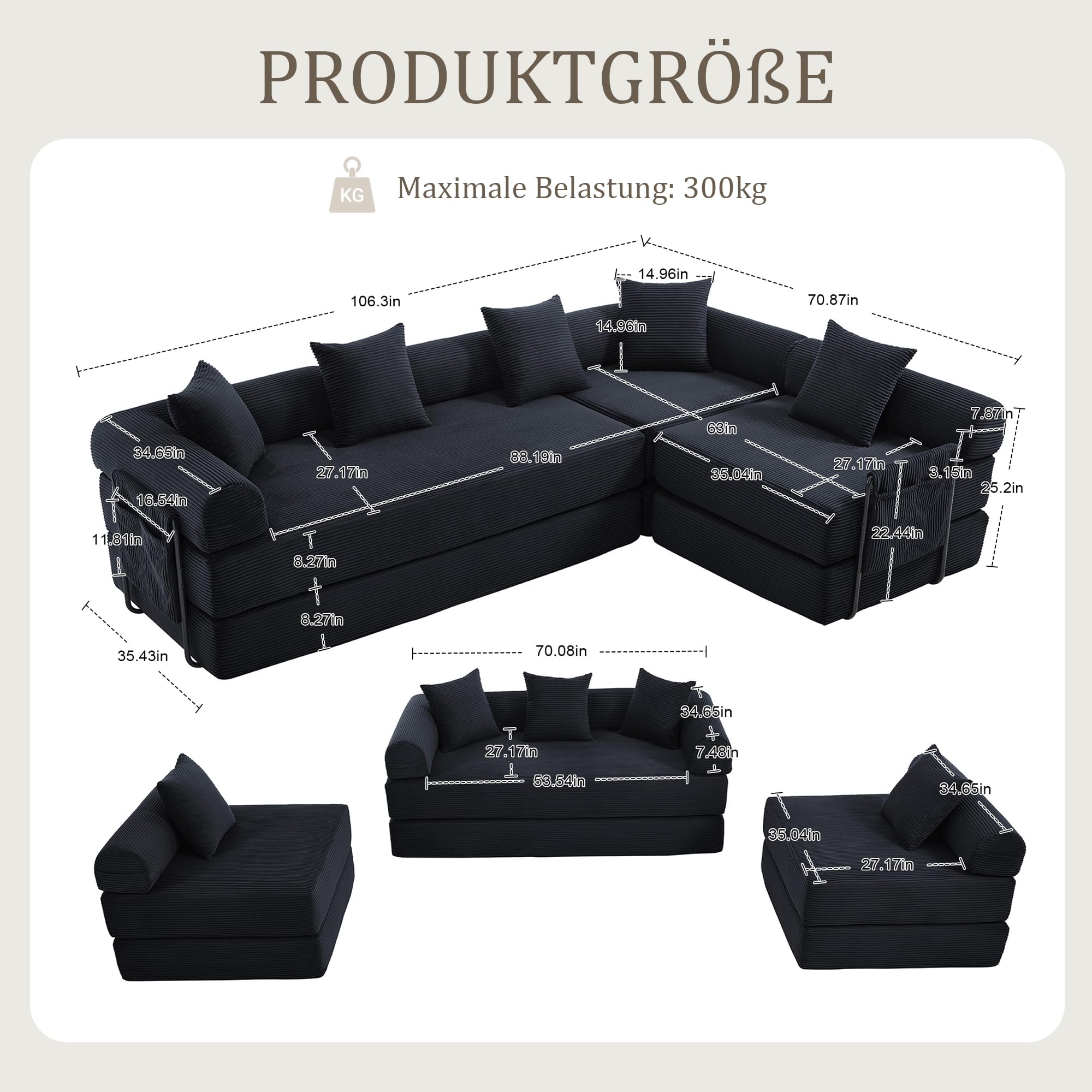 Sapgaks Canapé Convertible 4 Places avec Structure en métal Robuste, Poches latérales et 5 Coussins,canapé modulaire en Velours côtelé,Peut être combiné Librement,canapé lit,Noir