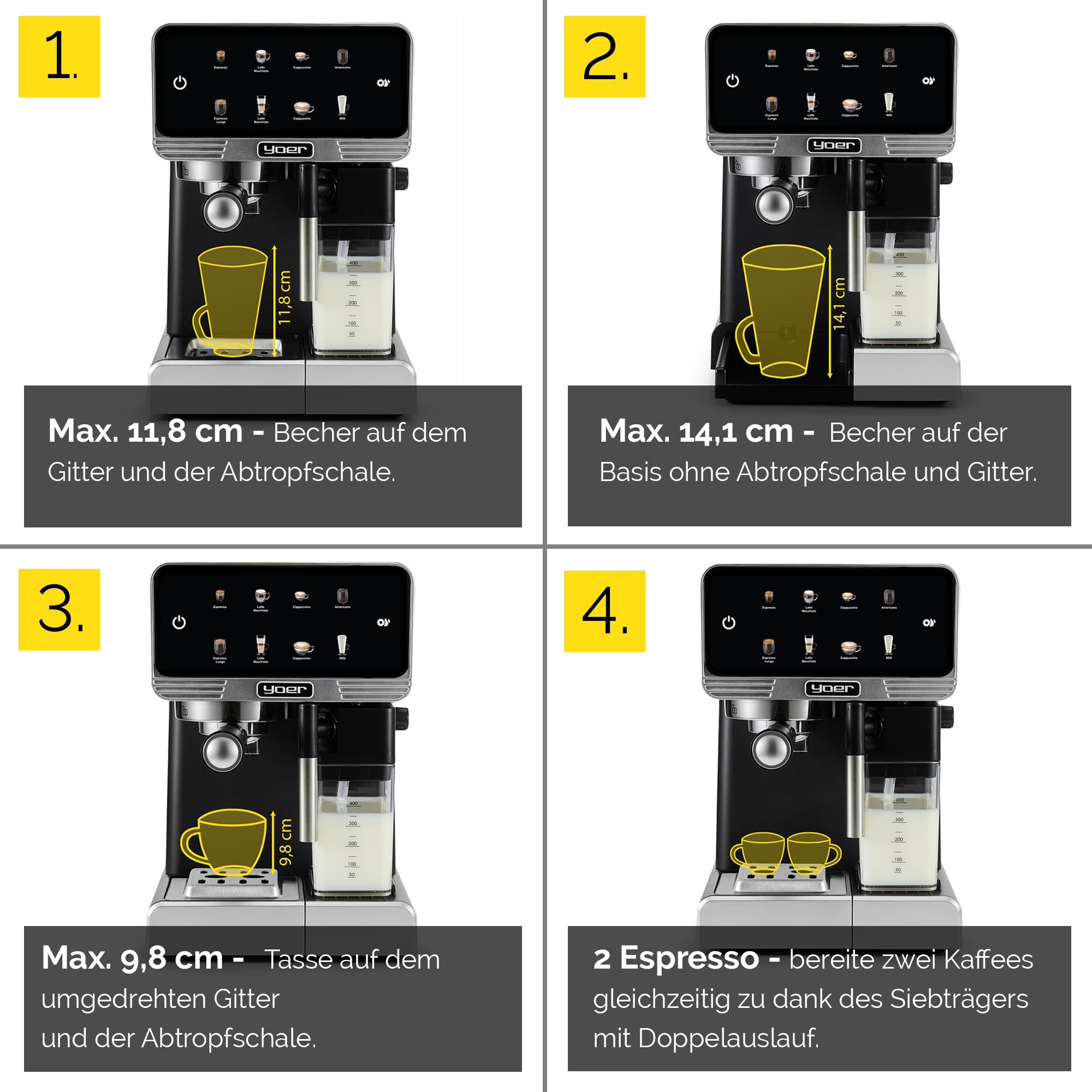 Yoer Kaffeevollautomat mit Milchsystem, Kaffeemaschine, 8 automatische Programme, Touchscreen, 20 bar, 1350W, Milchaufschäumer, Espresso, Cappuccino & Latte, 2-Tassen-Funktion, Creamo EMF03BK, schwarz