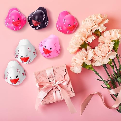 Miniatura 5 de 24 piezas de patos de goma con cinta rosa, juguete de baño, cáncer de mama, patos de goma chirriantes a granel, flotadores, patos, decoración de