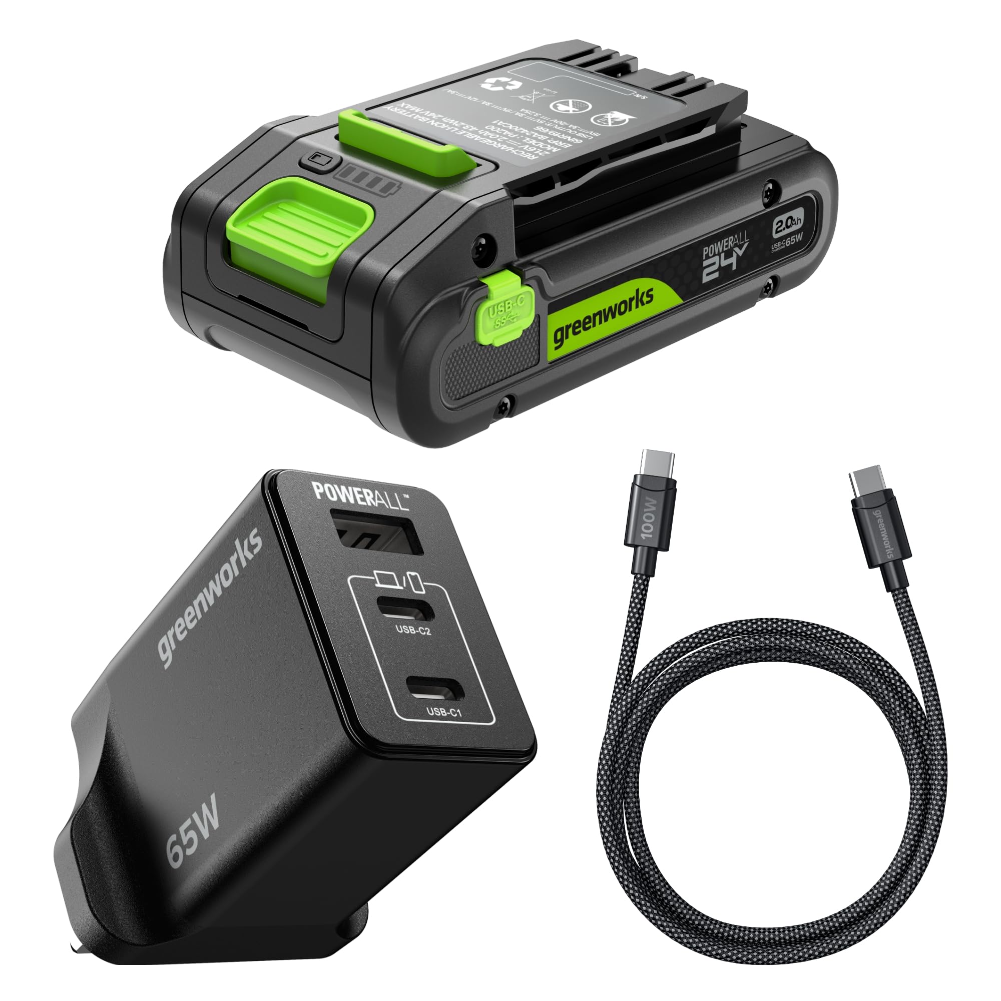 Greenworks Batería USB-C de Alta Potencia de 24 V y 2 Ah y Cargador USB-C de 65 W y Cable de 100 W, batería de Iones de Litio Adecuada para Todos los Dispositivos Greenworks de 24 V de 24 V, K2S2BEA