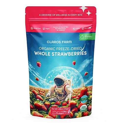 Miniatura 1 de Claros Farm Fresas orgánicas enteras liofilizadas (paquete de 1.06 onzas), alimentos liofilizados saludables, sin gluten, veganos, bocadillos de