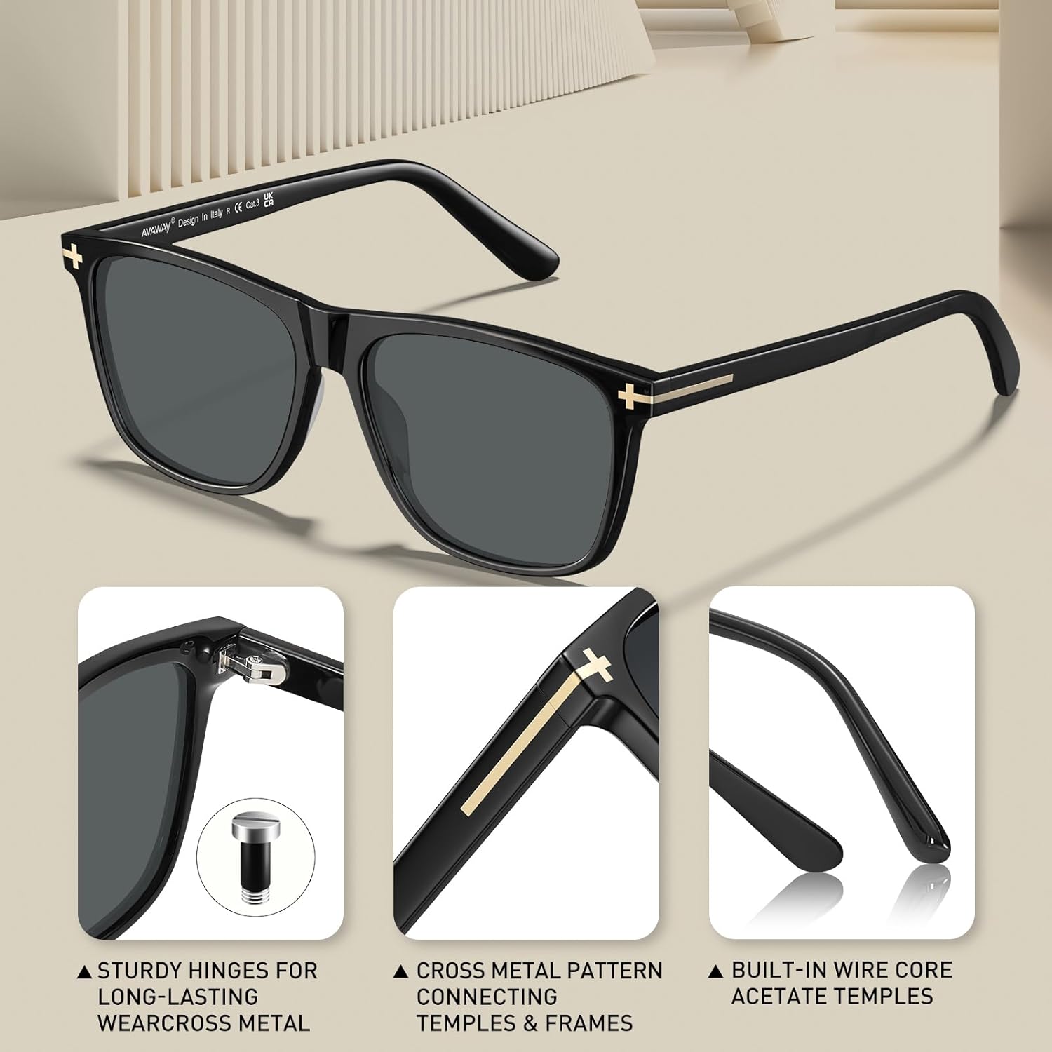 AVAWAY Square Polarized Sunglasses for Men - UV400 Protection Retro Fashion Acetate Driving Shades - Image 4