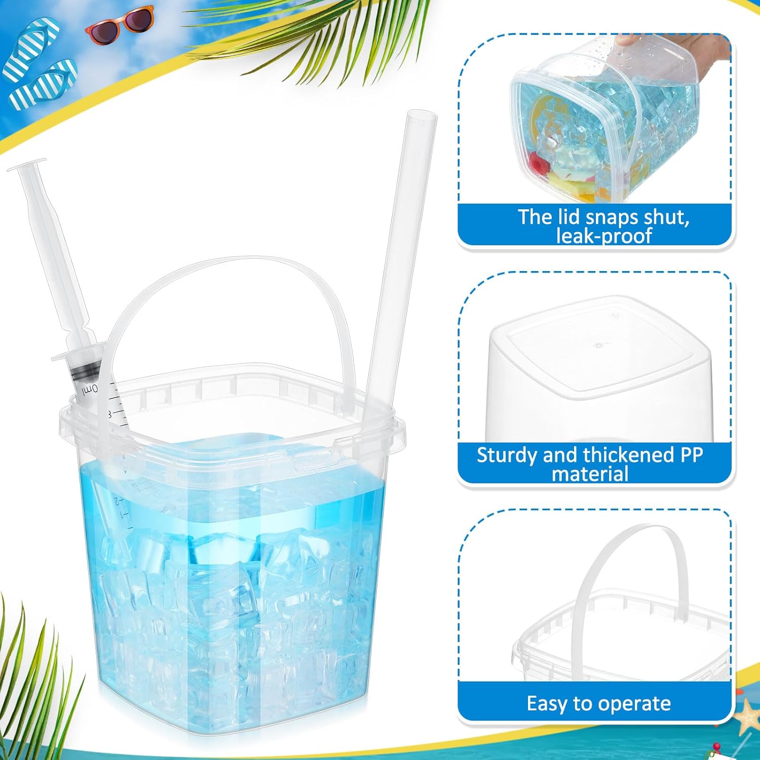100 Set Disposable Drink Buckets with Lids and Straws, 33.8 oz Mini Cocktail Bucket Cups with Handle and Beverage Syringes, Clear Plastic Party Drink Buckets for Cocktails, Beer