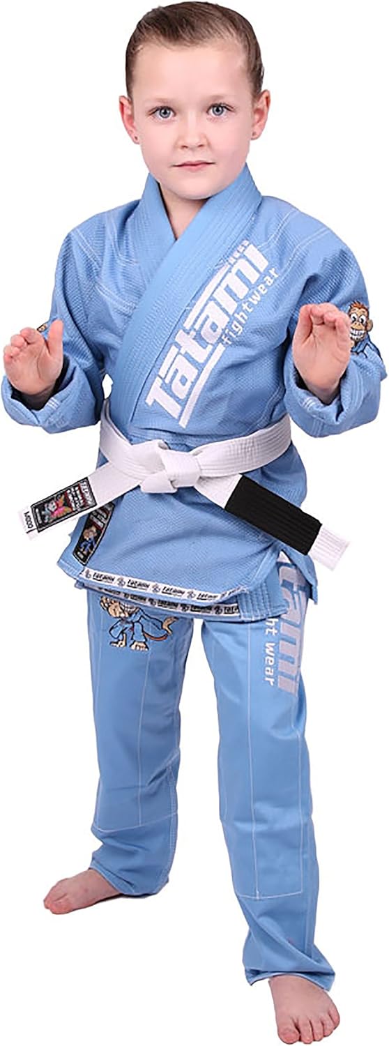 Tatami Fightwear Meerkatsu Kids Animal Jiu Jitsu Gi, 425GSM Jacket, Twill BJJ Pants, and White Belt, Sky Blue, M0
