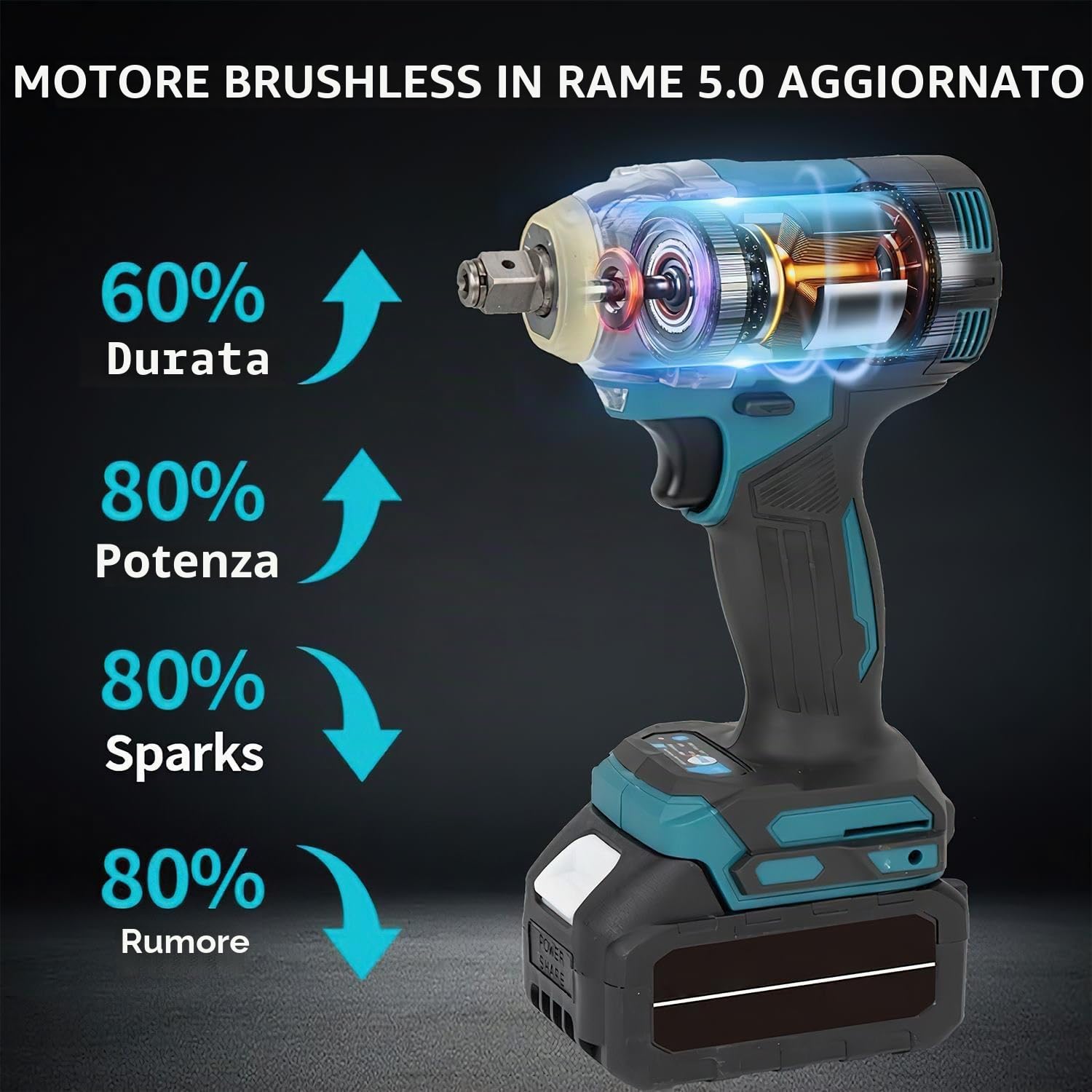 Avvitatore a percussione a batteria con due batterie 21V elettrico 3 in 1 1200 N.m, avvitatore a percussione 6700 giri/min, con luce LED, 5 bussole per casa, auto, fai da te (1200 Nm)