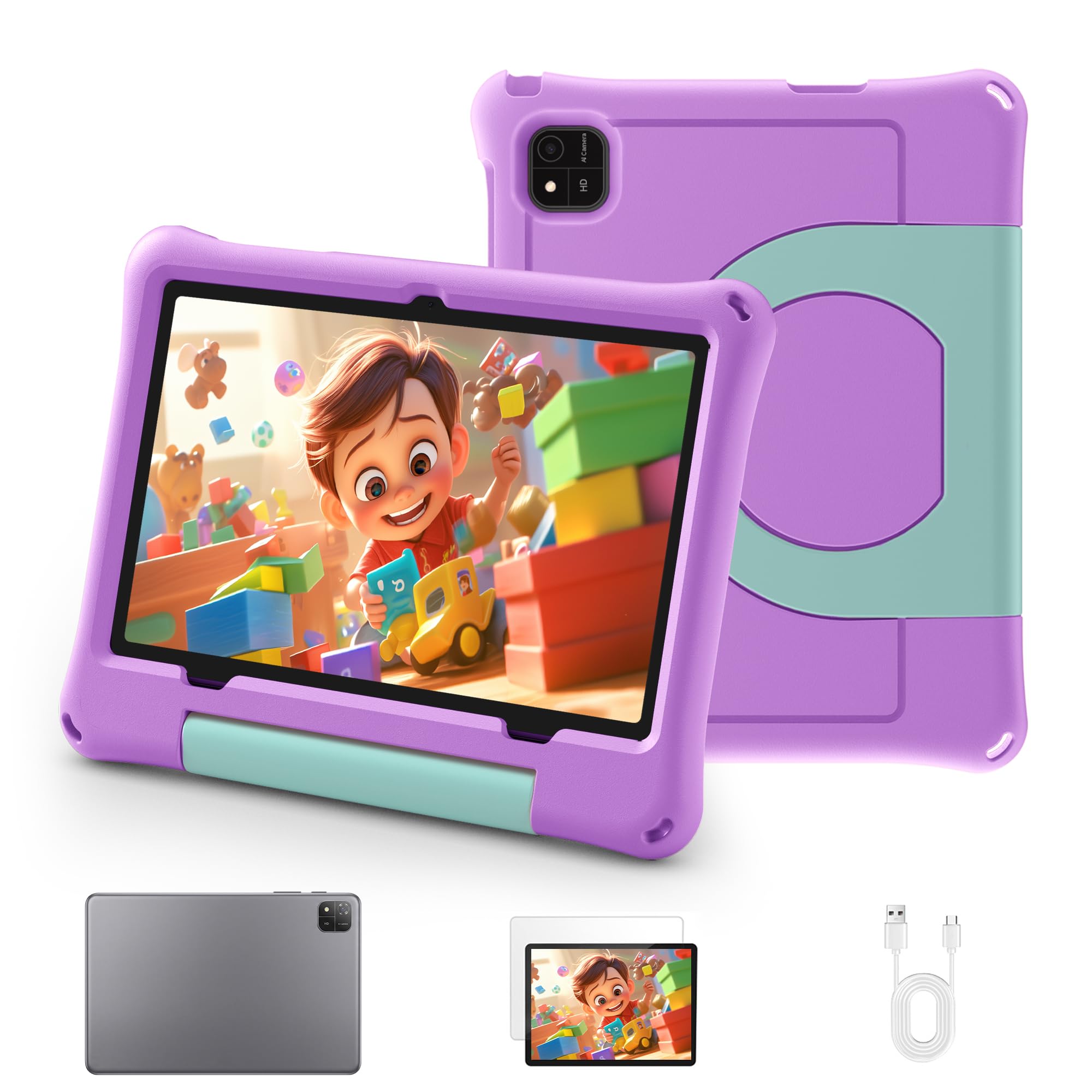 NextCheer Kids Tablet, 10.1" Android 16 Tablet for Kids, Gift for Ages 6-12 | 30GB RAM 64GB ROM 1TB Expand, Eye Care HD Display, Parental Control, 6000mAh, WiFi, BT5.0, GPS, Purple Shockproof EVA Case