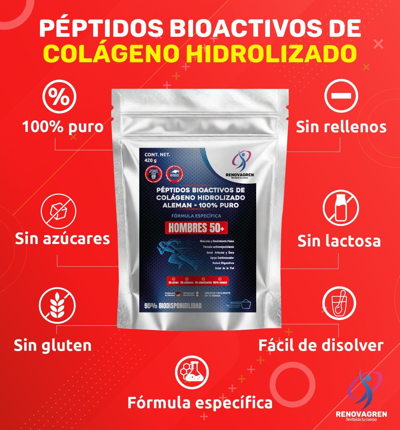 German Collagen Peptides Man 50+ | 100% Pure Hydrolyzed Collagen Anti-Aging Formula | + Mobility: Joints Bone System and Muscles | Appearance: Firm Skin and Hair | Cardiovascular Health +Wellness and