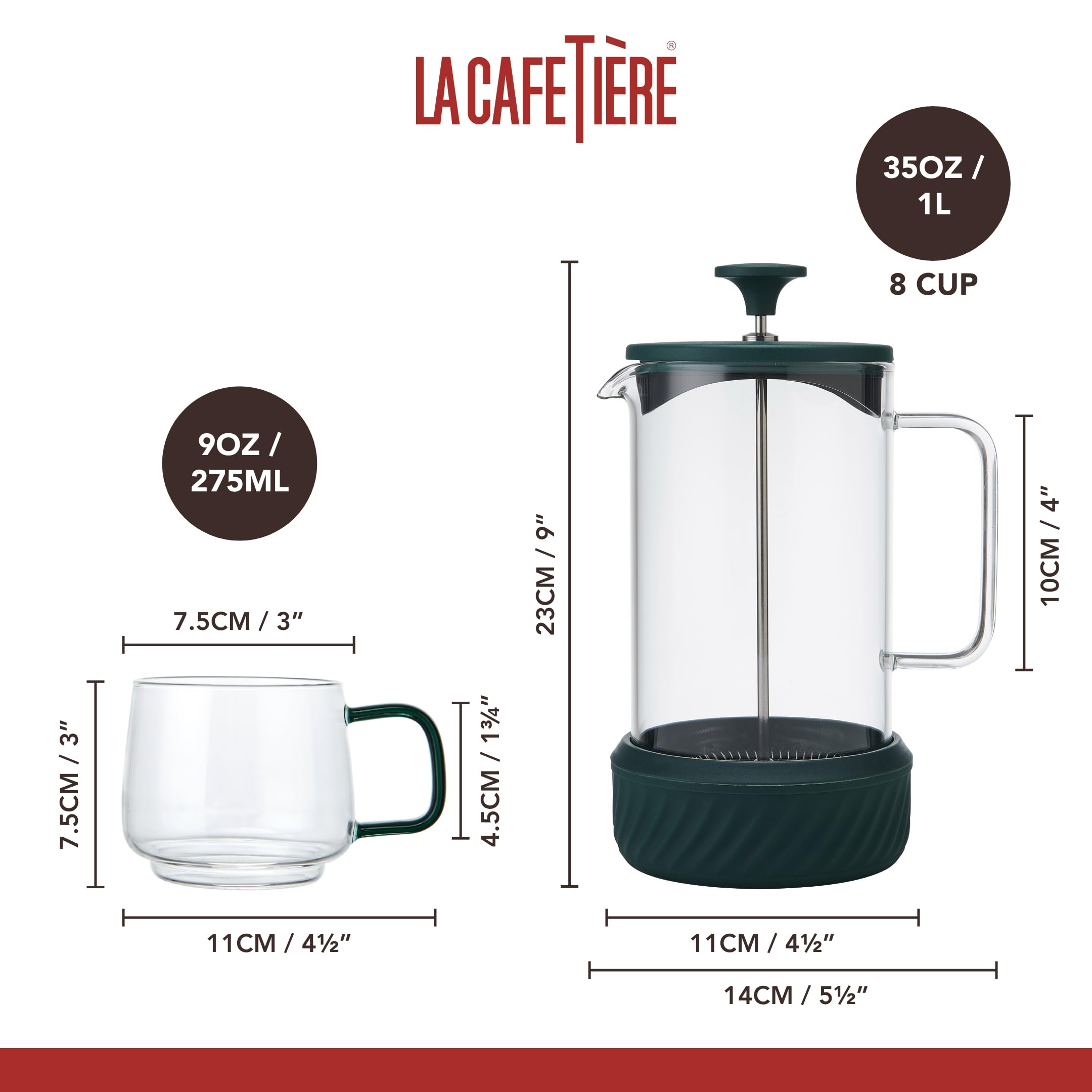 La Cafetière - Cafetera Zero con capacidad para 8 tazas y juego de tazas, prensa francesa resistente al calor, mango de vidrio y base de silicona extraíble, fácil de limpiar, color verde