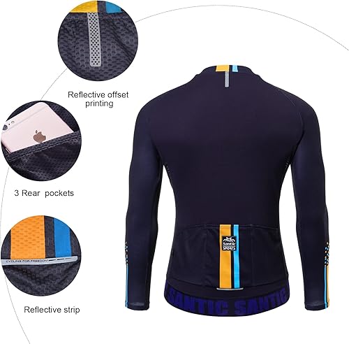 Miniatura 5 de Santic - Camiseta de ciclismo para hombre, manga larga, con cremallera completa, reflectante, con bolsillos