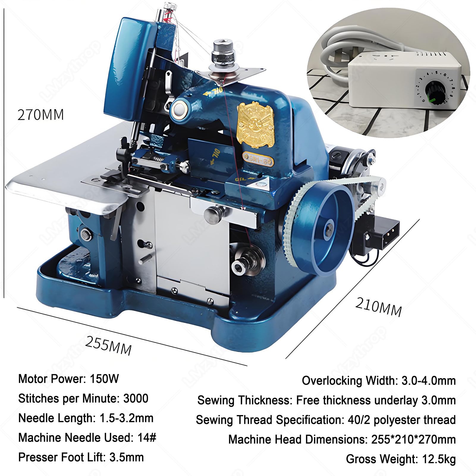 Máquina Overlock, 250 W de Alta Resistencia Blue | 3000 Puntadas Por Minuto,Máquina de Alta Velocidad Para Acabado Profesional de Costuras,Cose Telas de Hasta 3 mm de Grosor