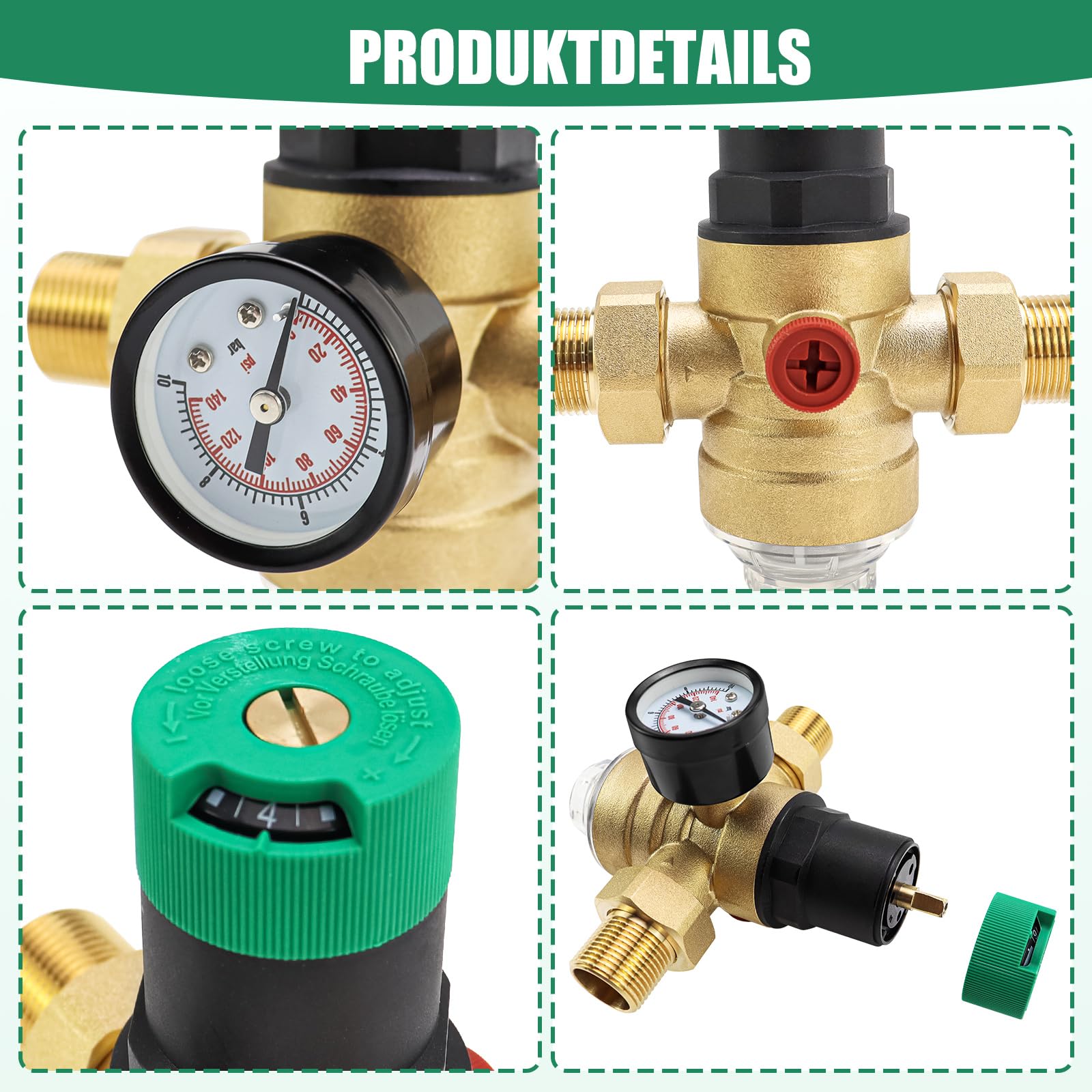 Druckminderer Wasser, 3/4 Zoll DN20 Wasserdruckminderer Messing Druckmindererventil mit Manometer und Filter, Druckregler Wasser Überdruckventil zur Regulierung des Wasserdrucks