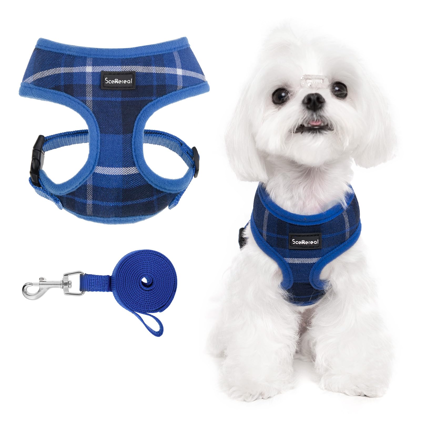 SCENEREAL Puppy Dog Harness with Leash Set for Small Medium Sized Dogs, Soft Mesh Step in Pet Harnesses and Leash, No Chock Plaid Adjustable No Pull