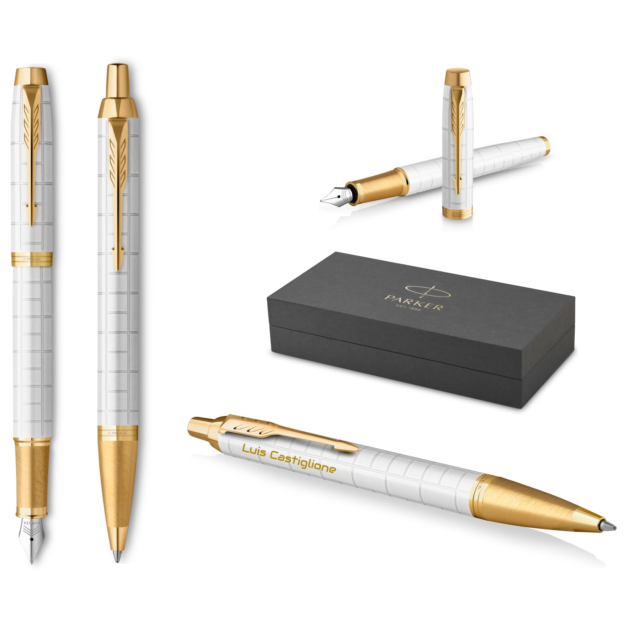 PARKER IM Pearl G.C Stylo plume et stylo à bille avec gravure de qualité supérieure Encre bleue Coffret cadeau Cadeau d'anniversaire