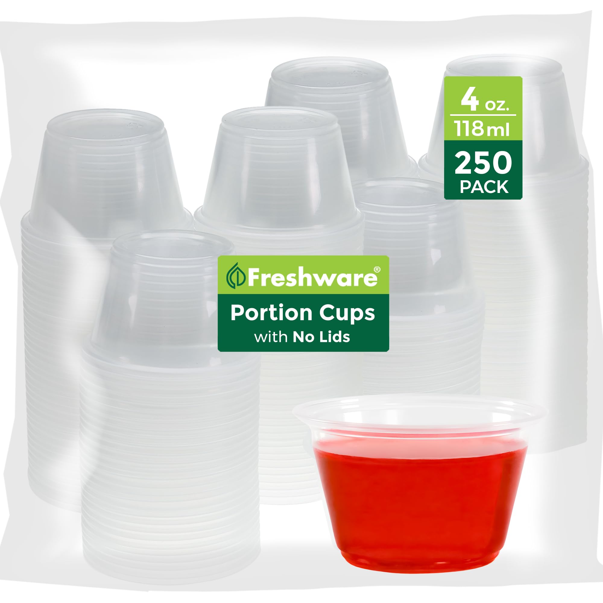 Freshware Plastic Portion Cups (No Lids) [4 Ounce, 250 Count] Disposable Plastic Cups for Meal Prep, Salad Dressing, Jellos Shot Cups, Souffle Cups, Condiment and Dipping Sauce Cups