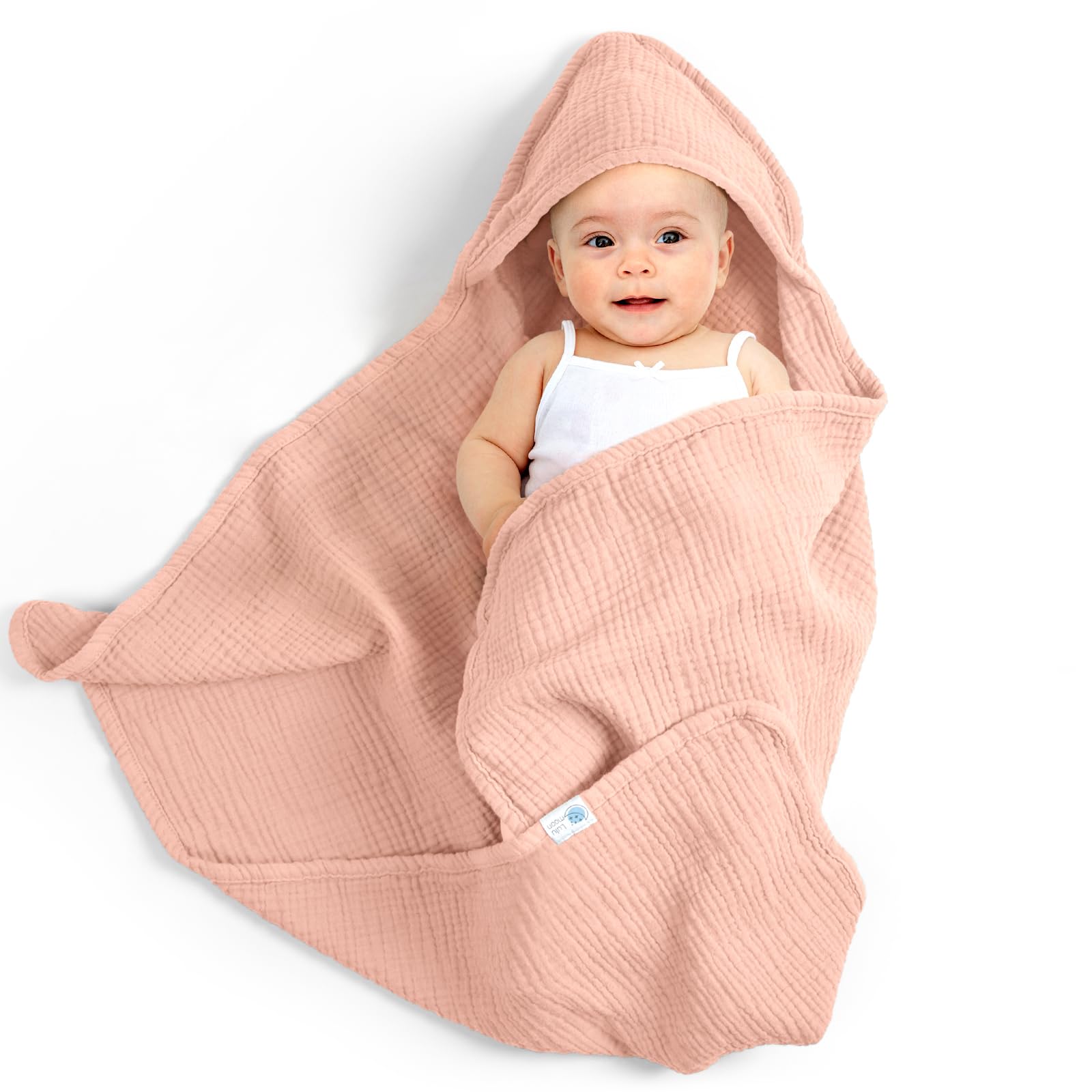 lulumoon Baby Handtuch Kapuze für Badezimmer: Kapuzenhandtuch aus Musselin Baumwolle 75x76cm - Oeko-Tex, extra weich saugfähig für Wärme nach Baden Eincremen - für Babys 0-18 Monate (Orange-rosa)