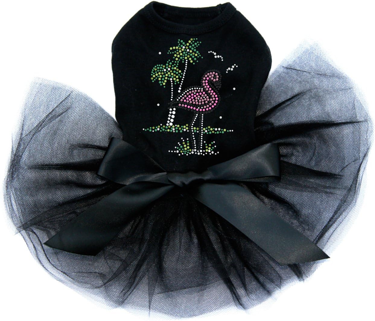 Pink Flamingo with Palm Trees - Bling Rhinestone Dog Tutu Dress, XL Black